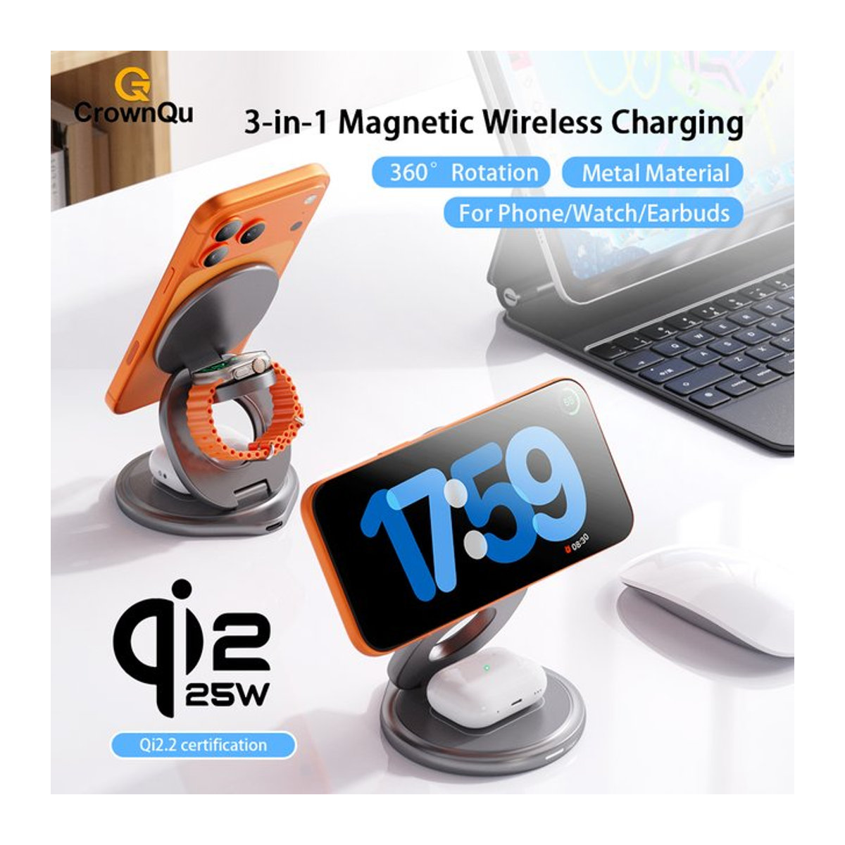 CrownQu 3-in-1 Magnetisches Kabelloses Ladegerät Qi2.2 25W Faltbare Ladestation mit 360 Grad Drehung für iPhone 17 16 15 Watch und AirPods in Schwarz und Grau - Bild 1
