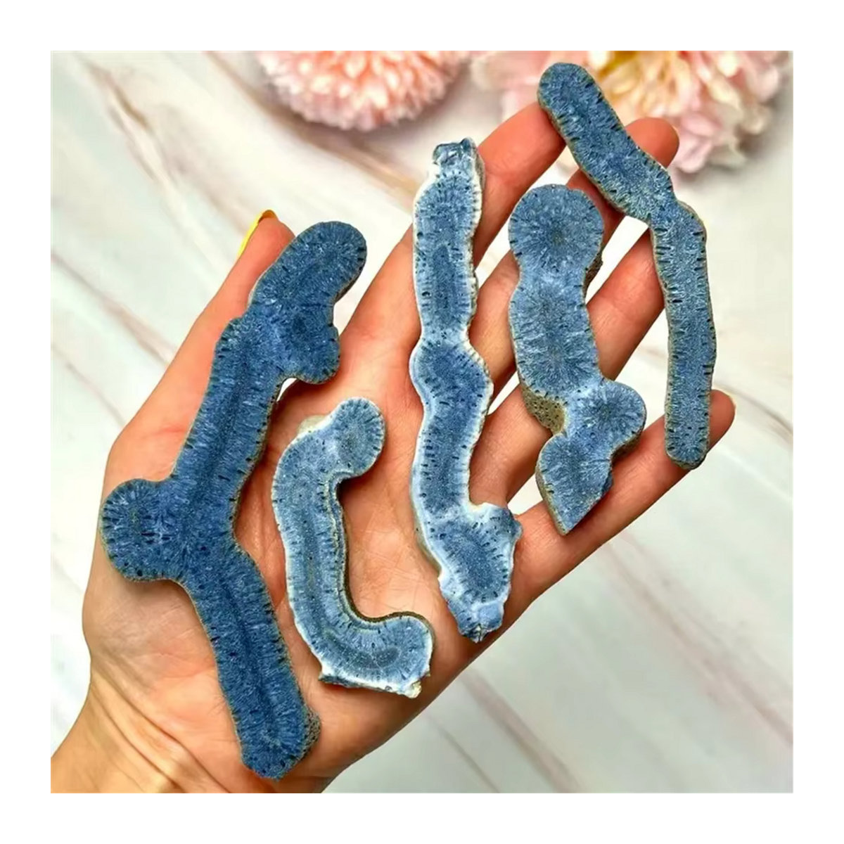CrystalHola Blaue Ozeankorallen-Probenplatte – Polierte runde Kristallscheibe mit abstrakten Wirbelmustern zur Boho-Heimdekoration - Bild 4