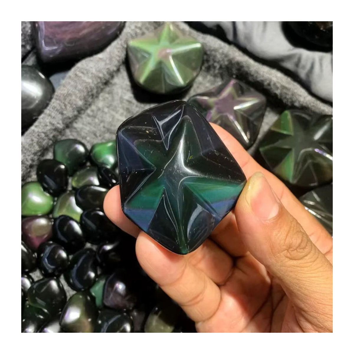 CrystalHola Regenbogen-Obsidian Stern aus Stein in Schwarz und Mehrfarbig zur Heimdekoration - Bild 3