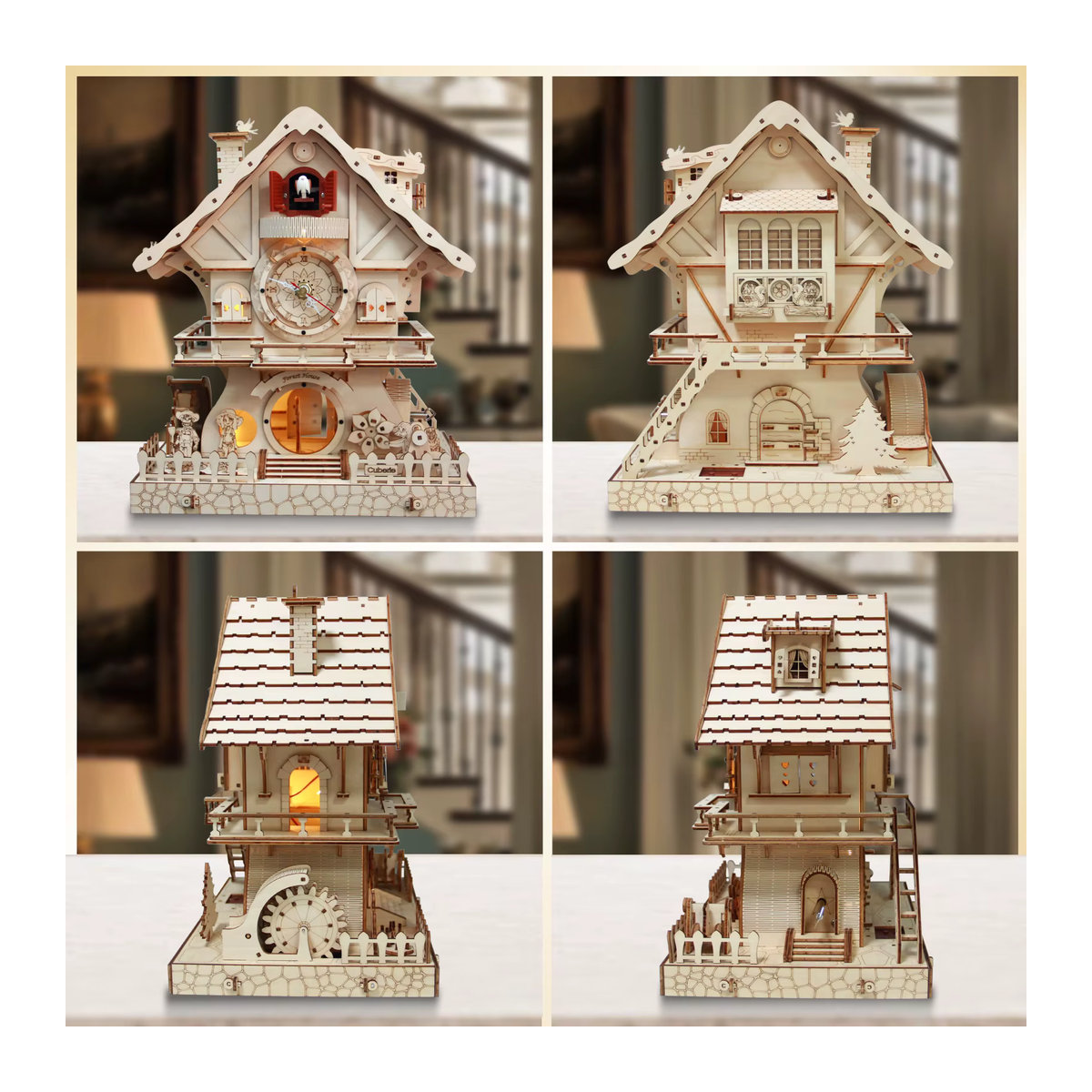 Cuberie 3D-Holzpuzzle Kuckucksuhr mit Spieluhr als DIY-Modellbausatz für Erwachsene in Braun und Beige - Bild 2