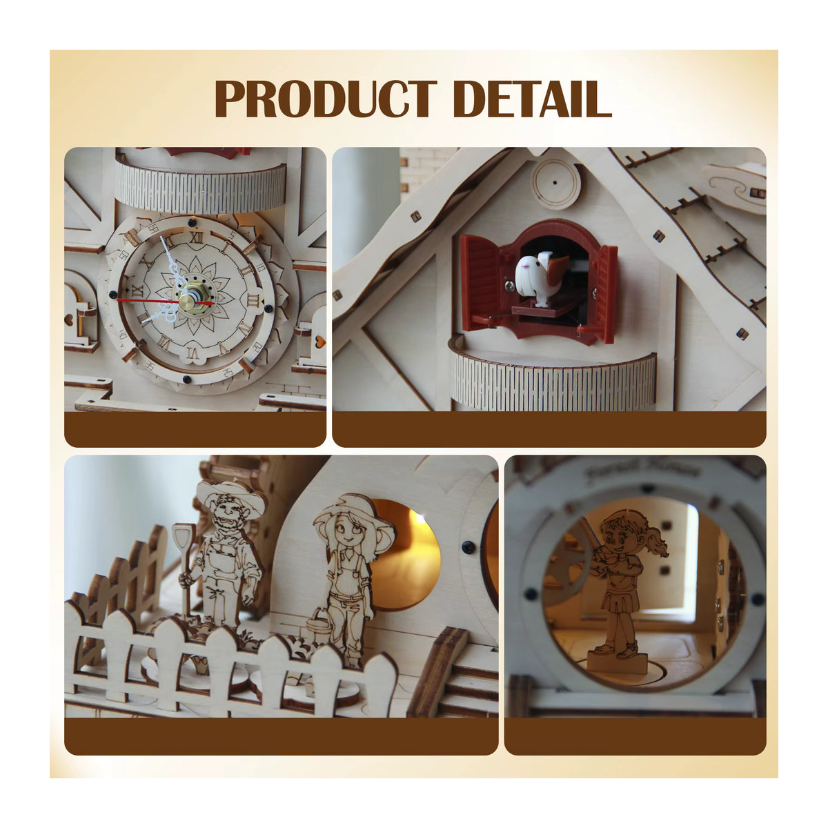Cuberie 3D-Holzpuzzle Kuckucksuhr mit Spieluhr als DIY-Modellbausatz für Erwachsene in Braun und Beige - Bild 5