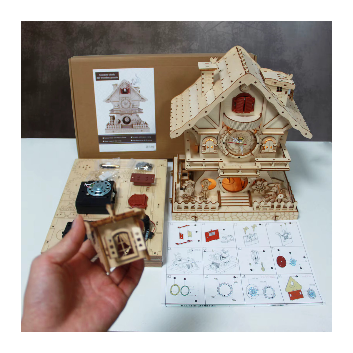 Cuberie 3D-Holzpuzzle Kuckucksuhr mit Spieluhr als DIY-Modellbausatz für Erwachsene in Braun und Beige - Bild 6