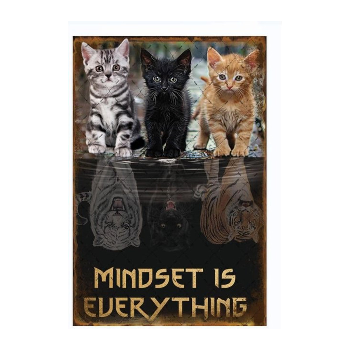 Cusde Cats Mindset Is Everything Metallblechschild mit Katzenmotiv und inspirierendem Zitat in Vintage-Optik, mehrfarbig, Hochformat - Bild 1