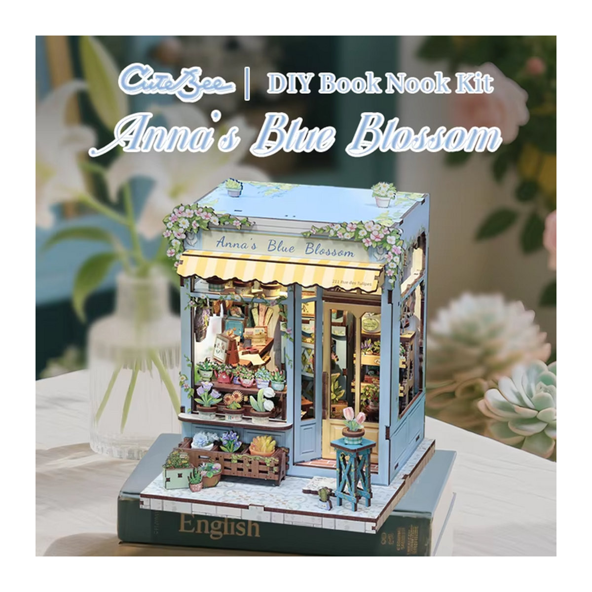 CUTEBBE 3D-Holzpuzzle Anna's Blue Blossom Puppenhaus Buchecke mit LED-Licht in Blau und floralem Vintage-Design - Bild 1