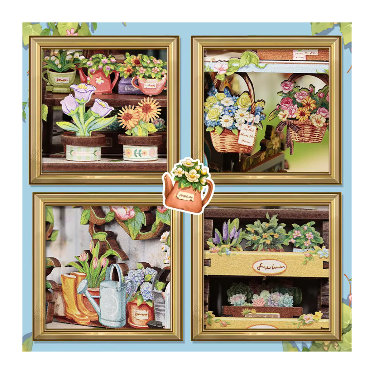 CUTEBBE 3D-Holzpuzzle Anna's Blue Blossom Puppenhaus Buchecke mit LED-Licht in Blau und floralem Vintage-Design - Bild 3