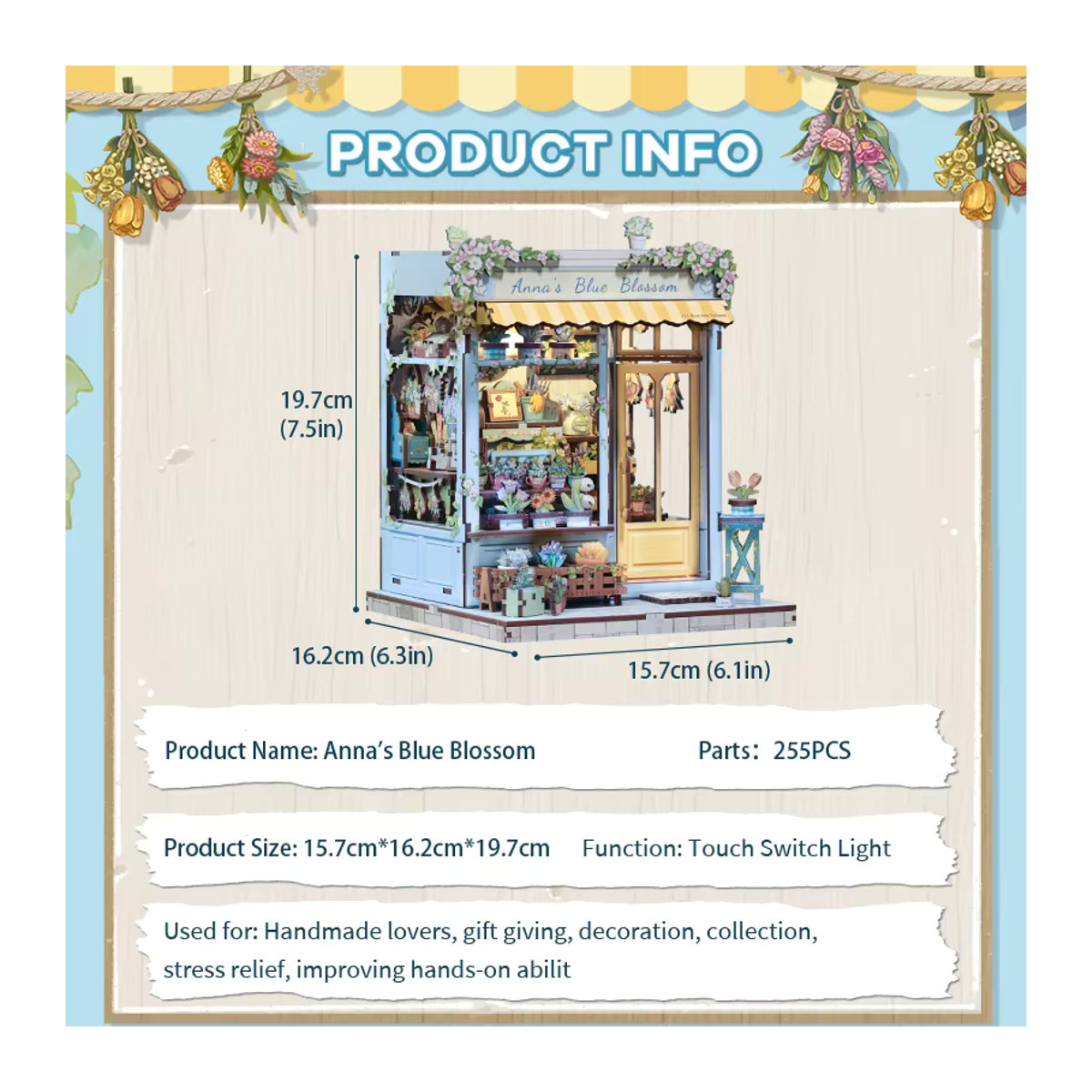 CUTEBBE 3D-Holzpuzzle Anna's Blue Blossom Puppenhaus Buchecke mit LED-Licht in Blau und floralem Vintage-Design - Bild 5