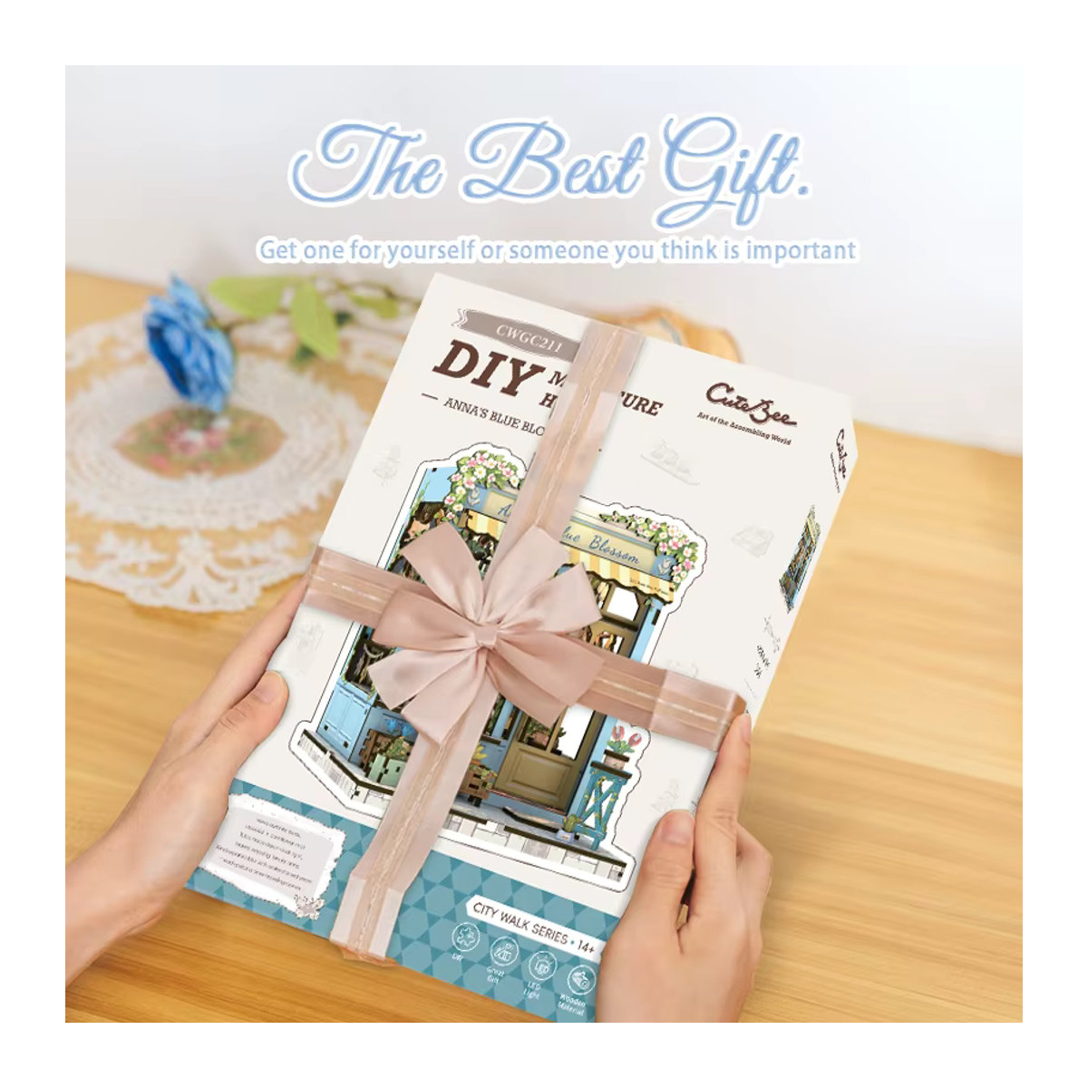CUTEBBE 3D-Holzpuzzle Anna's Blue Blossom Puppenhaus Buchecke mit LED-Licht in Blau und floralem Vintage-Design - Bild 6