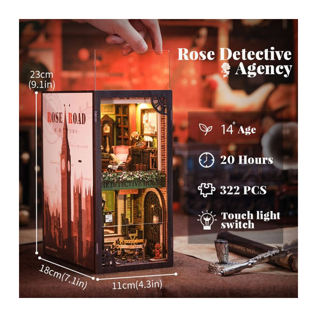 CUTEBEE 3D Book Nook Kit Rose Detective Agency Mystery Scene DIY Holz-Bücherregal Einsatz mit Staubschutz in Mehrfarbig - Bild 1
