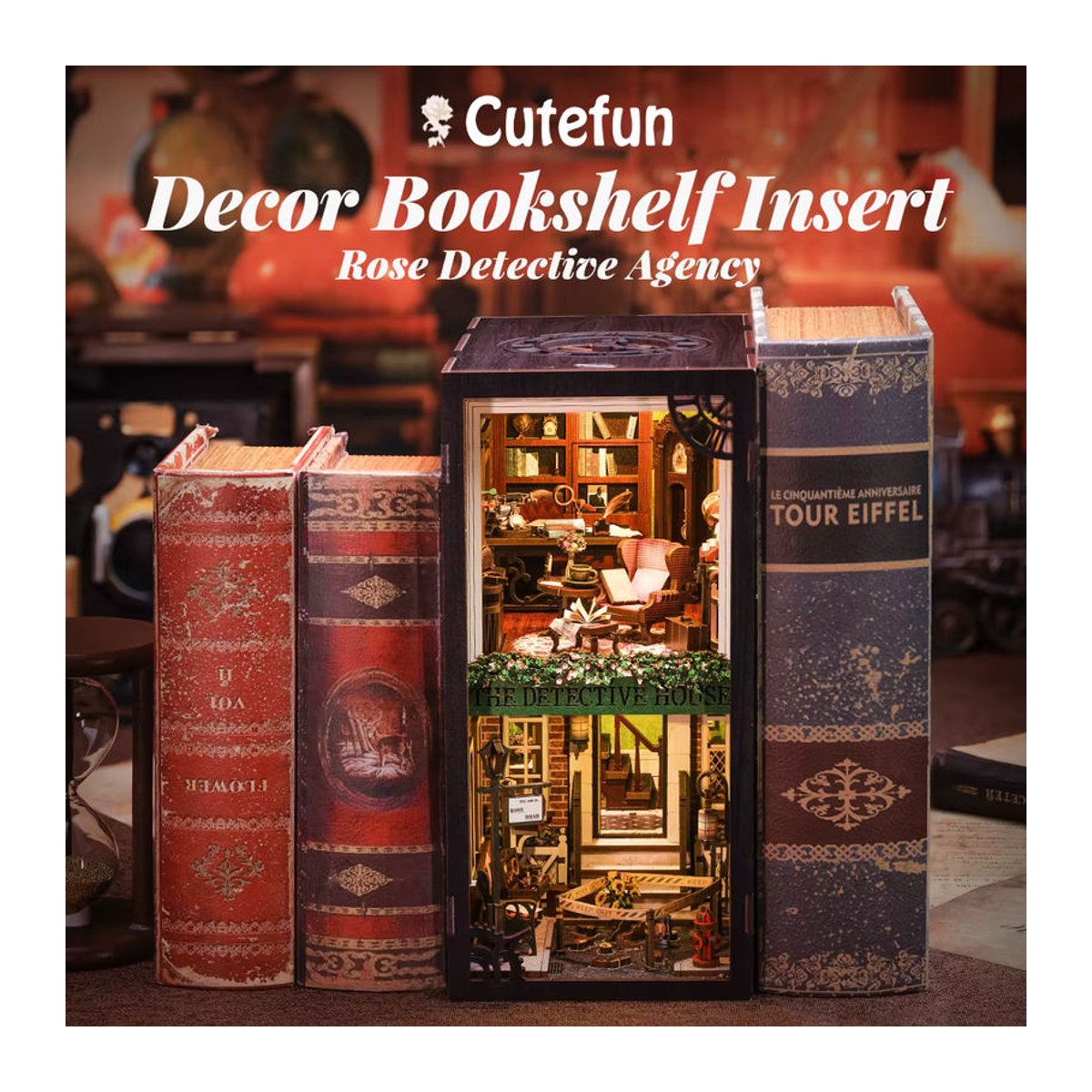 CUTEBEE 3D Book Nook Kit Rose Detective Agency Mystery Scene DIY Holz-Bücherregal Einsatz mit Staubschutz in Mehrfarbig - Bild 4