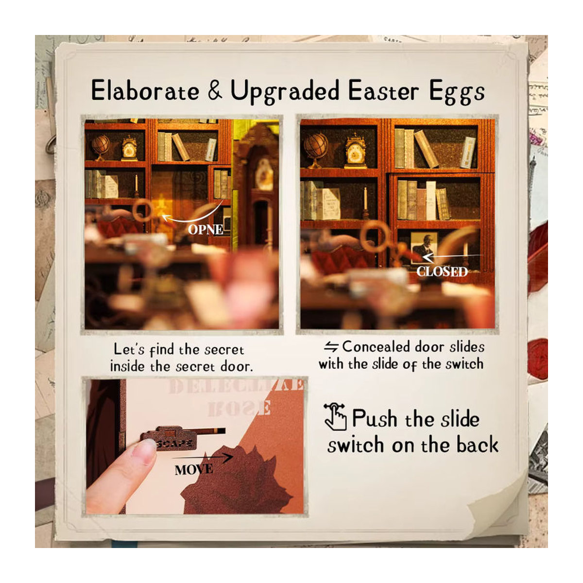 CUTEBEE 3D Book Nook Kit Rose Detective Agency Mystery Scene DIY Holz-Bücherregal Einsatz mit Staubschutz in Mehrfarbig - Bild 6