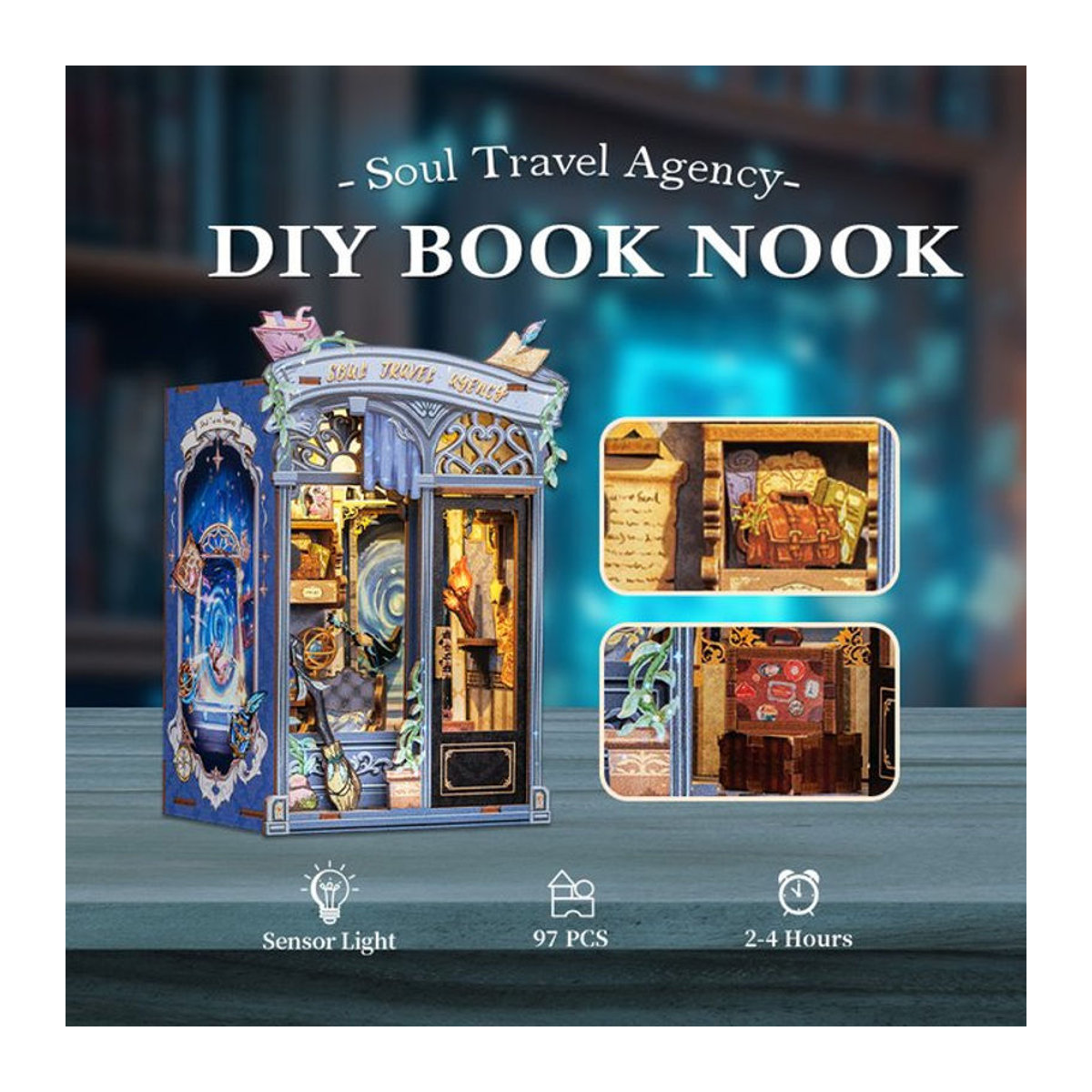CUTEBEE Book Nook Kit Soul Travel Agency Miniatur-Haus aus Holz mit LED-Licht, mehrfarbige Vintage Dekoration für dein Bücherregal - Bild 1