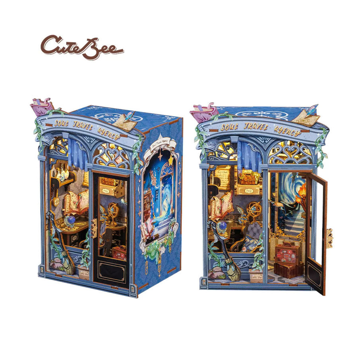 CUTEBEE Book Nook Kit Soul Travel Agency Miniatur-Haus aus Holz mit LED-Licht, mehrfarbige Vintage Dekoration für dein Bücherregal - Bild 4