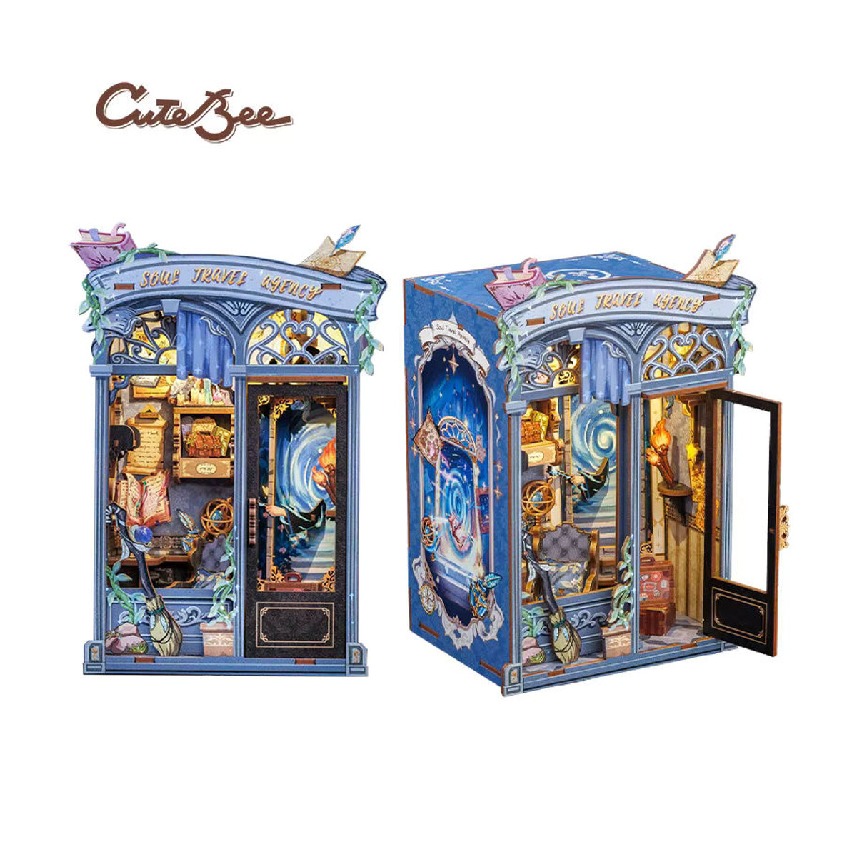 CUTEBEE Book Nook Kit Soul Travel Agency Miniatur-Haus aus Holz mit LED-Licht, mehrfarbige Vintage Dekoration für dein Bücherregal - Bild 5