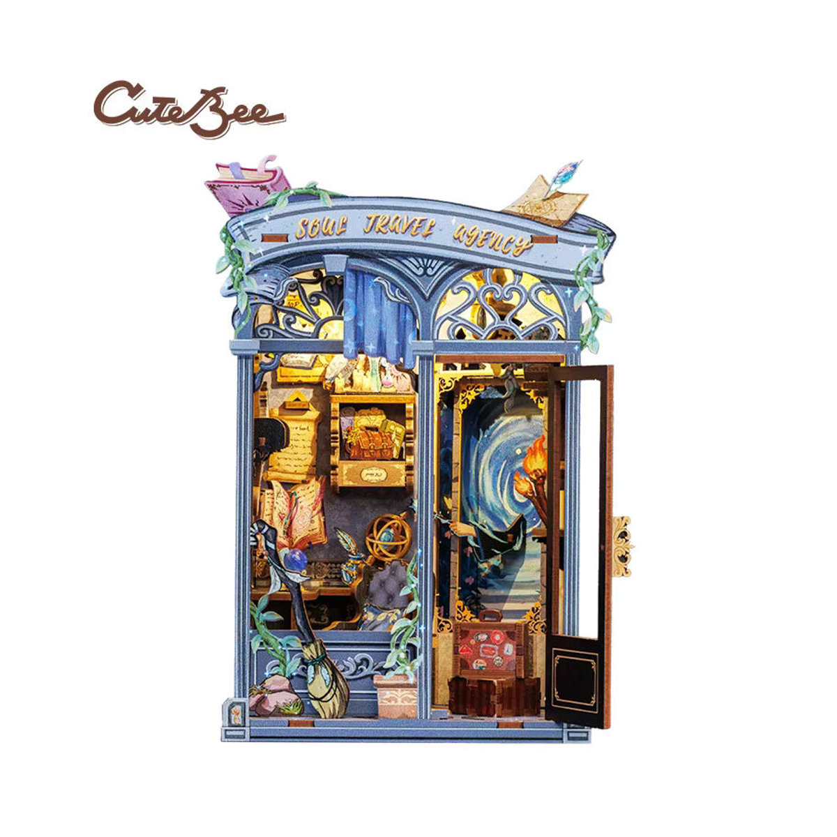 CUTEBEE Book Nook Kit Soul Travel Agency Miniatur-Haus aus Holz mit LED-Licht, mehrfarbige Vintage Dekoration für dein Bücherregal - Bild 7