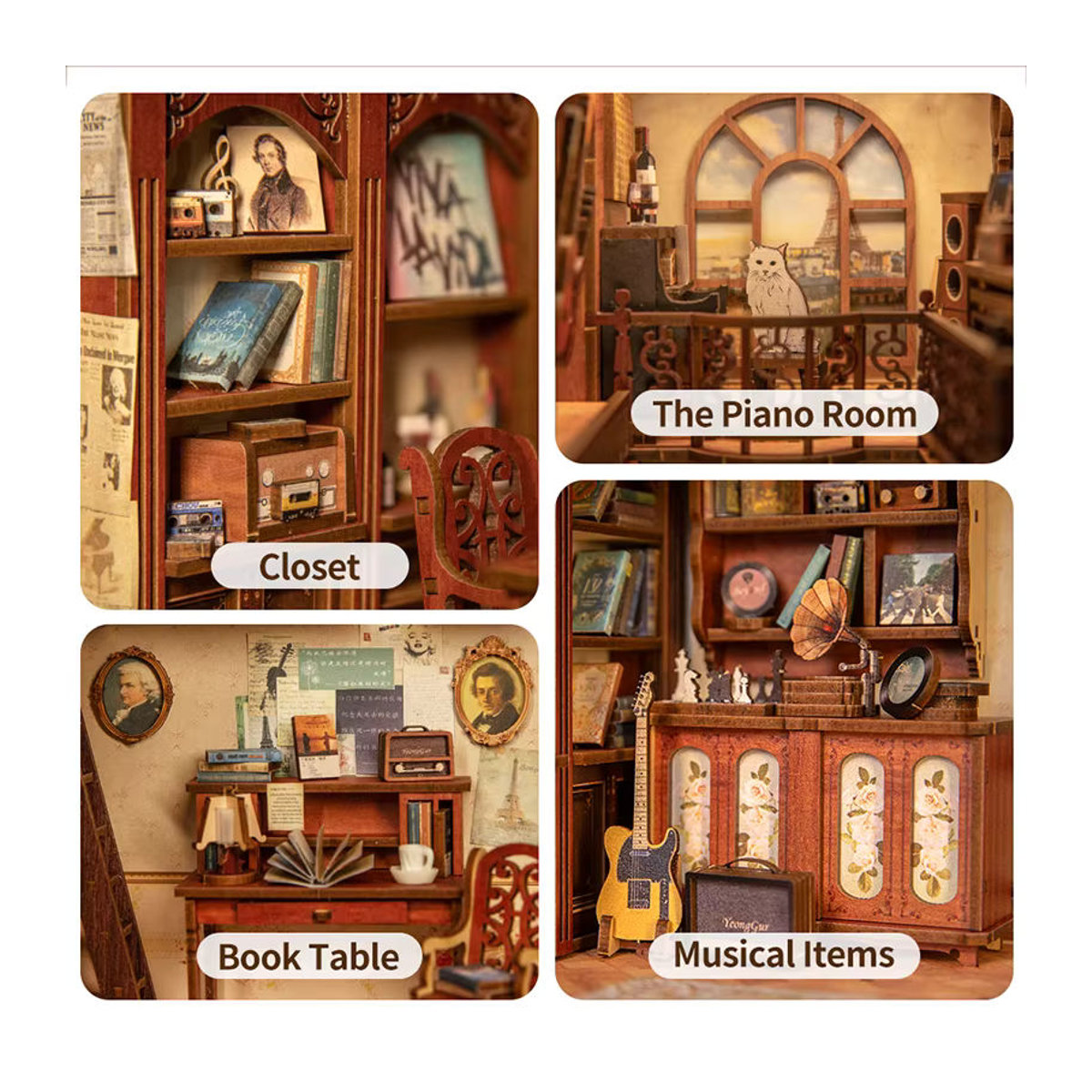 CUTEBEE Buch Nook Kit DIY Miniatur Modell Geheimnis Rhythmus mit Touch-Licht in Braun aus Holz für Erwachsene - Bild 4