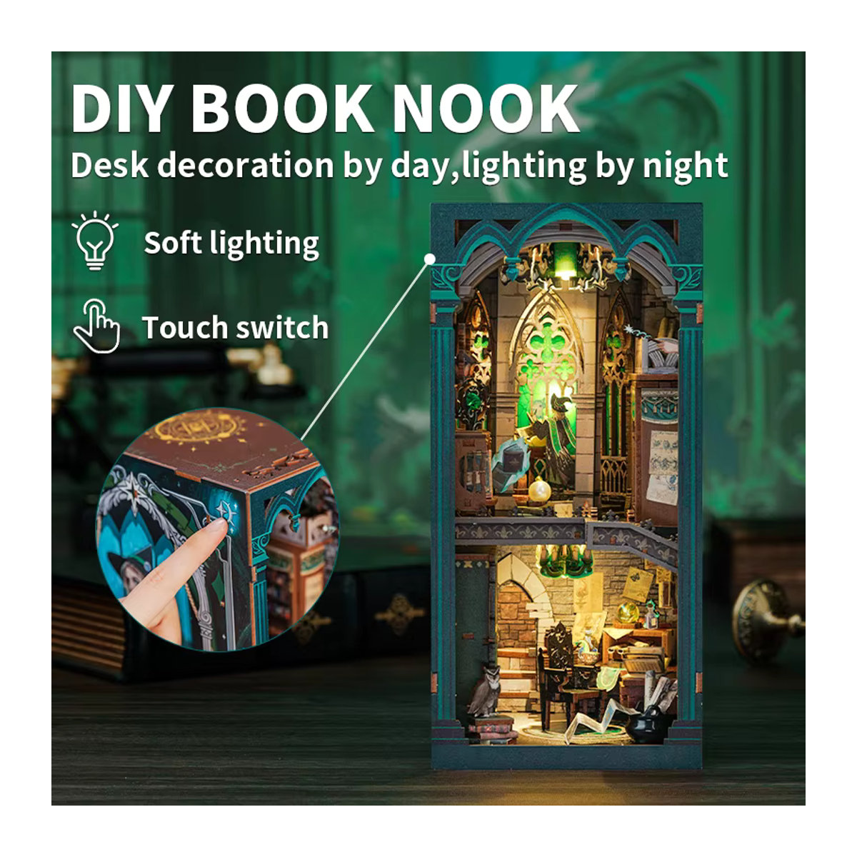 CUTEBEE Buchecke Miniatur-Puppenhaus 3D-Holzpuzzle mit LED-Nachtlicht als dekorative Buchstütze in Vintage-Optik, mehrfarbig - Bild 2
