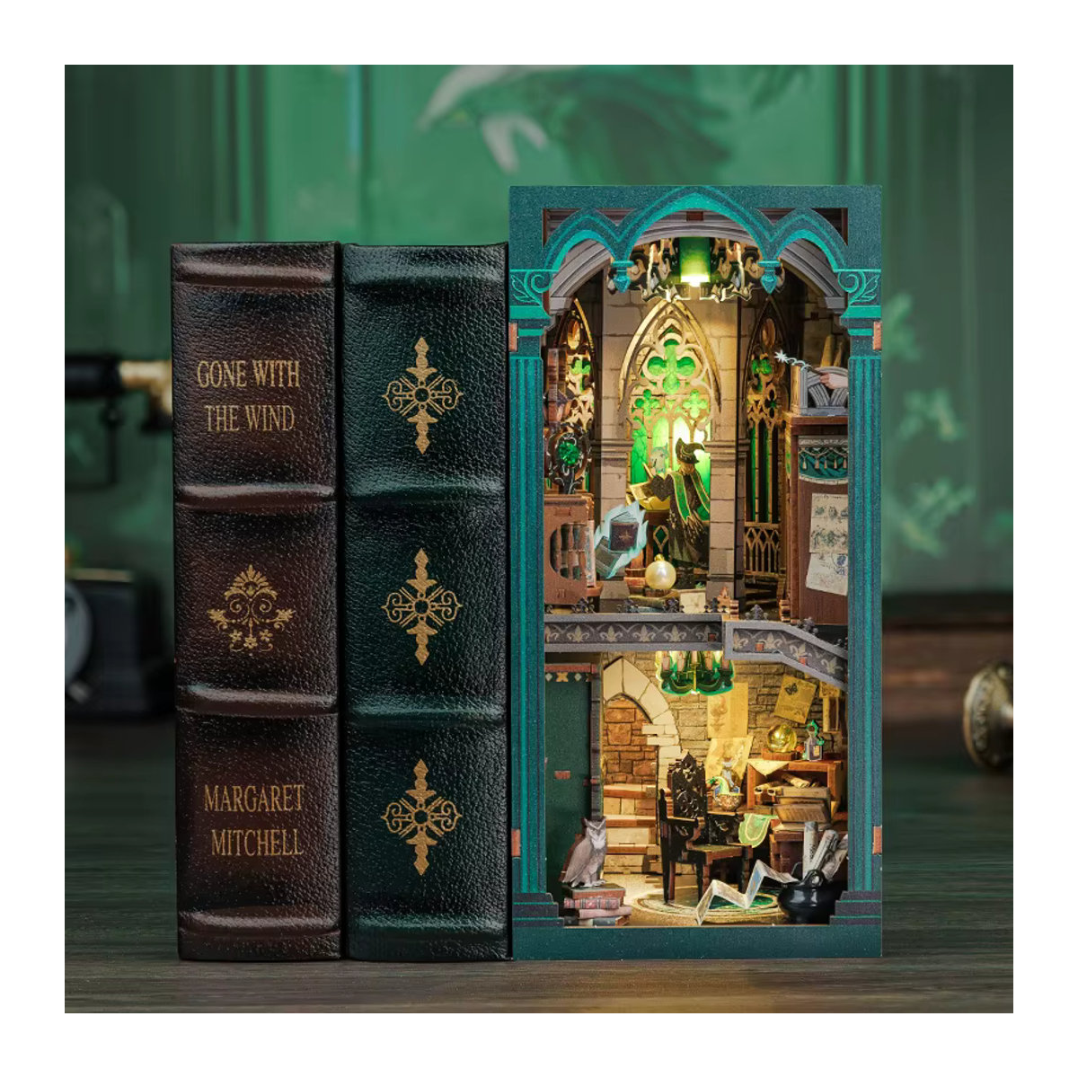 CUTEBEE Buchecke Miniatur-Puppenhaus 3D-Holzpuzzle mit LED-Nachtlicht als dekorative Buchstütze in Vintage-Optik, mehrfarbig - Bild 6