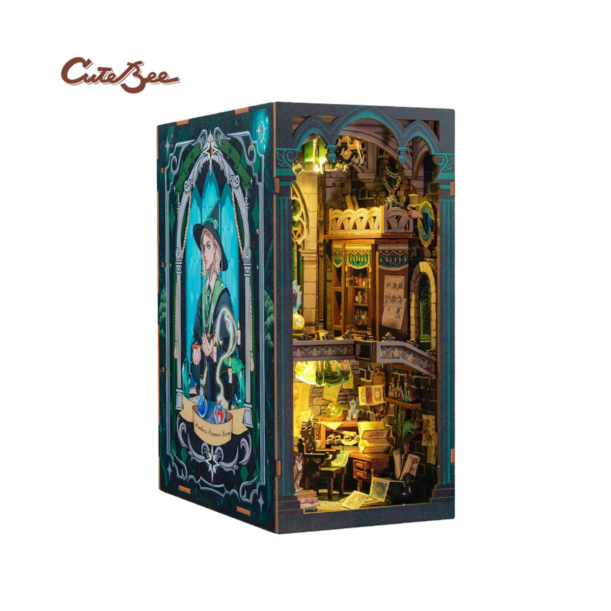 CUTEBEE Buchecke Miniatur-Puppenhaus 3D-Holzpuzzle mit LED-Nachtlicht als dekorative Buchstütze in Vintage-Optik, mehrfarbig - Bild 7