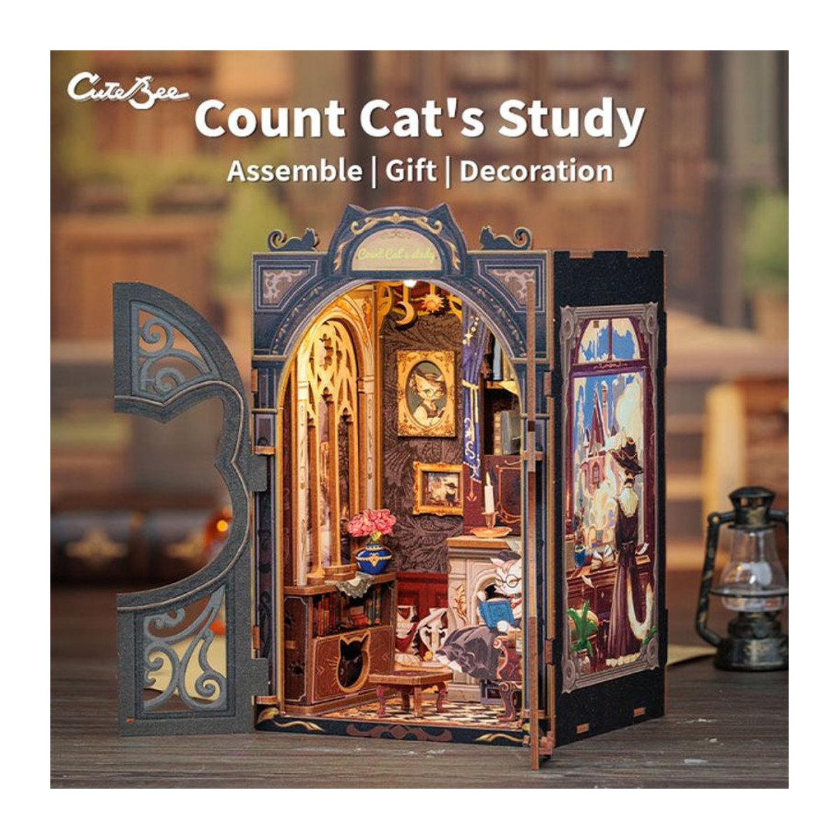 CUTEBEE DIY Miniatur-Puppenhaus Katzenstudie aus Holz mit Lichtern als 3D-Puzzle-Dekormodell in Vintage-Optik, mehrfarbig - Bild 1