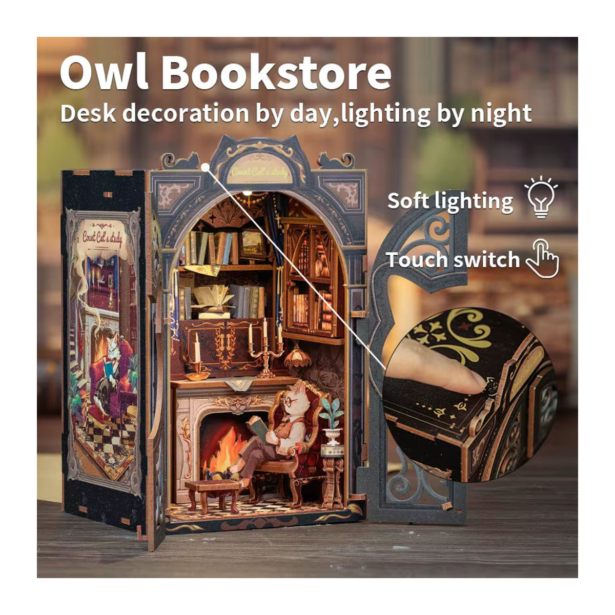 CUTEBEE DIY Miniatur-Puppenhaus Katzenstudie aus Holz mit Lichtern als 3D-Puzzle-Dekormodell in Vintage-Optik, mehrfarbig - Bild 2