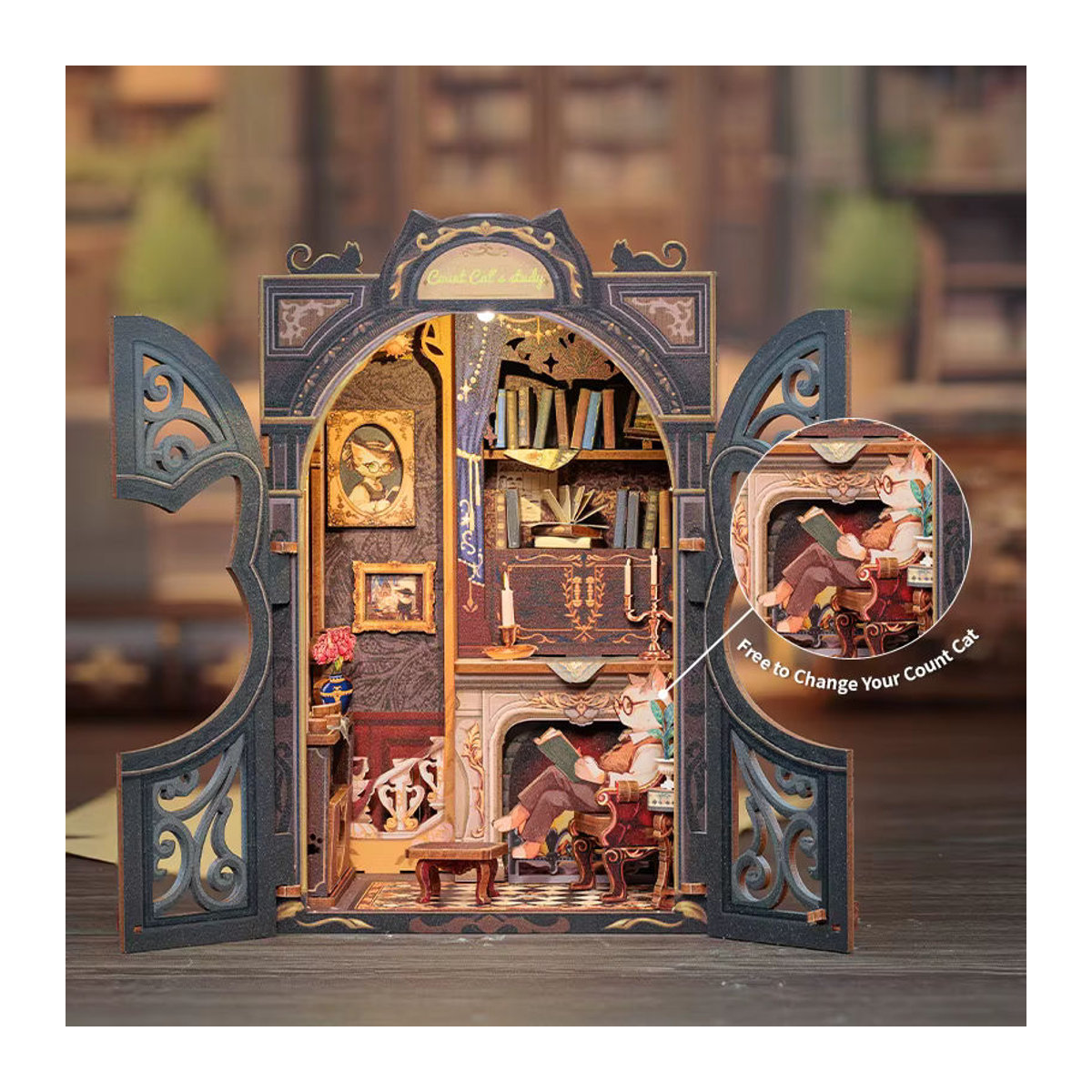 CUTEBEE DIY Miniatur-Puppenhaus Katzenstudie aus Holz mit Lichtern als 3D-Puzzle-Dekormodell in Vintage-Optik, mehrfarbig - Bild 4