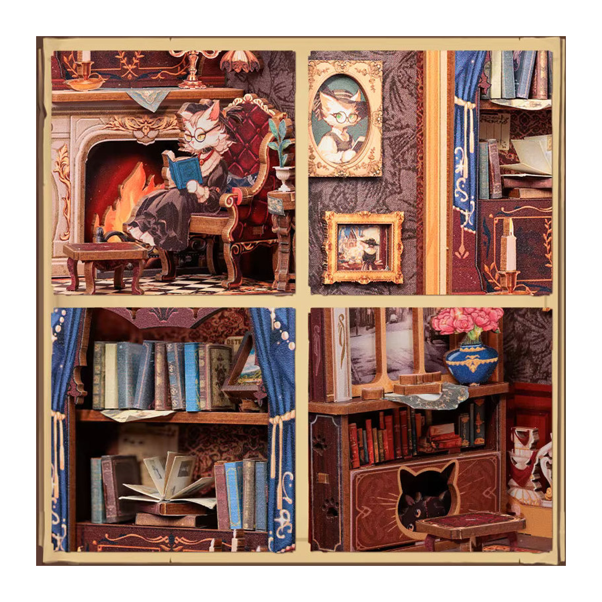 CUTEBEE DIY Miniatur-Puppenhaus Katzenstudie aus Holz mit Lichtern als 3D-Puzzle-Dekormodell in Vintage-Optik, mehrfarbig - Bild 6