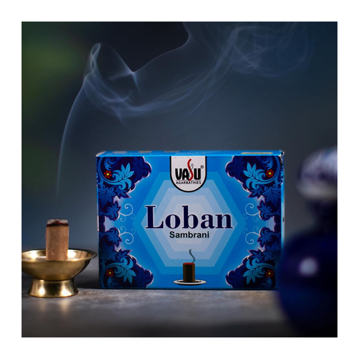 Cycle Pure Vasu Loban Sambrani Dhoop Tassen Set mit Bräterplatte, 4 Packungen à 70 Stück, Blau, Floral, Orientalisch - Bild 3