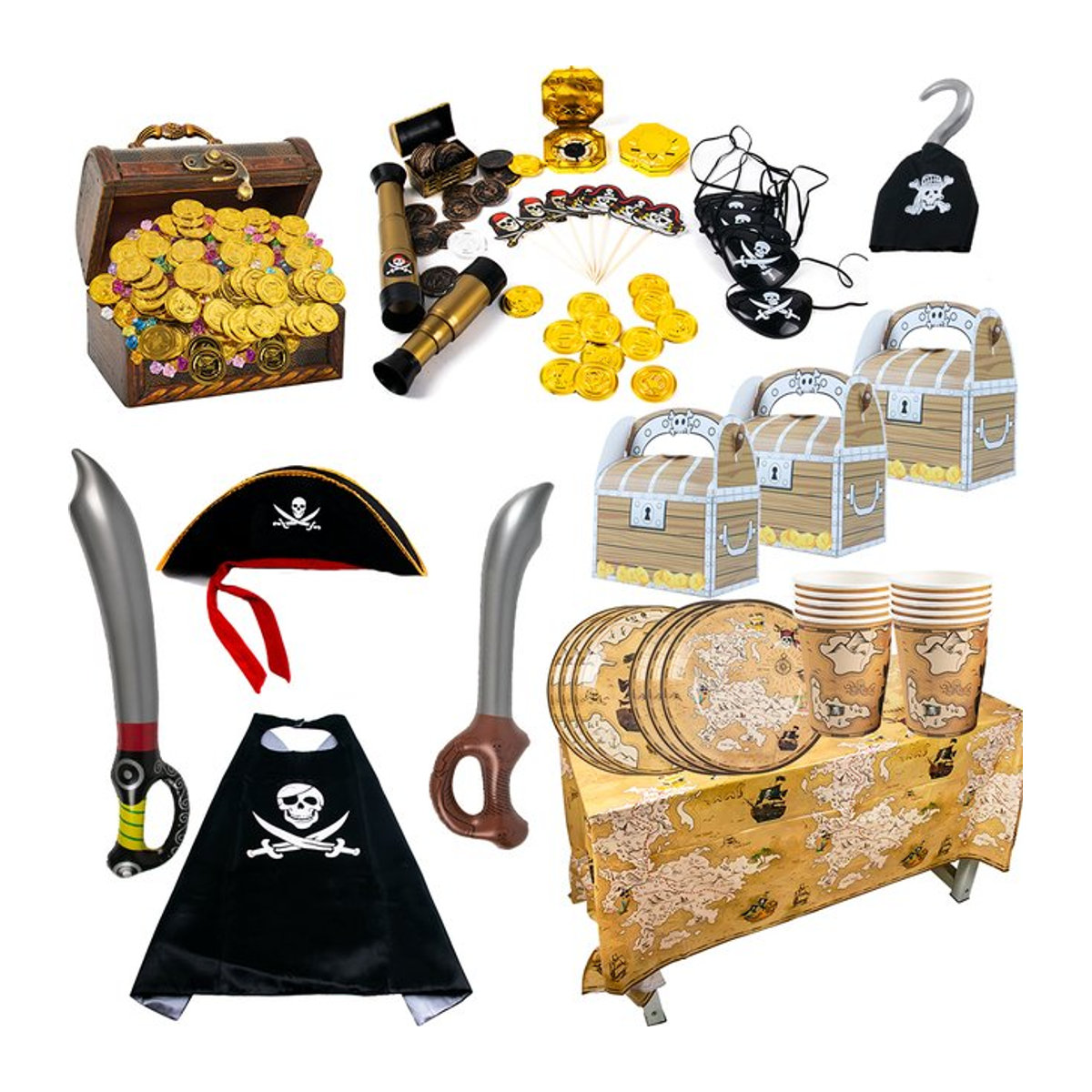 Cyuan Piraten-Party Dekoration Set mit Schatzkarte, Augenmaske, Umhang und Goldmünzen in Mehrfarbig für Kindergeburtstag oder Halloween - Bild 1