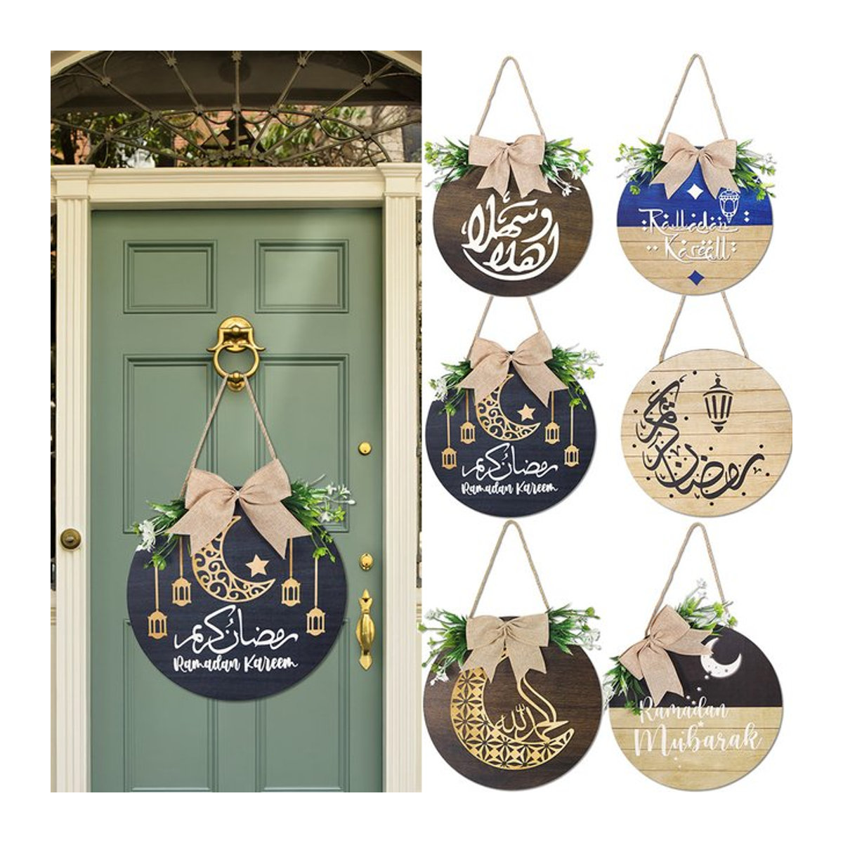 Cyuan Ramadan Kranz Dekoration aus Holz in Schwarz mit Mond-Motiv für Eid Mubarak und Ramadan Kareem, runder hängender Türschmuck im orientalischen Design - Bild 1