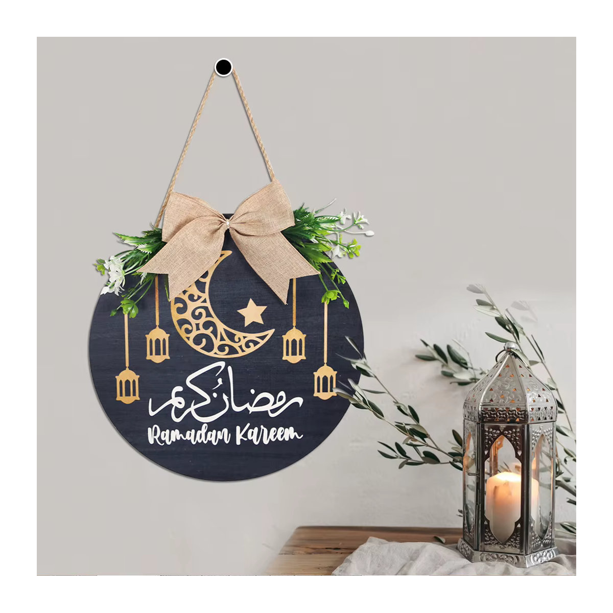 Cyuan Ramadan Kranz Dekoration aus Holz in Schwarz mit Mond-Motiv für Eid Mubarak und Ramadan Kareem, runder hängender Türschmuck im orientalischen Design - Bild 3