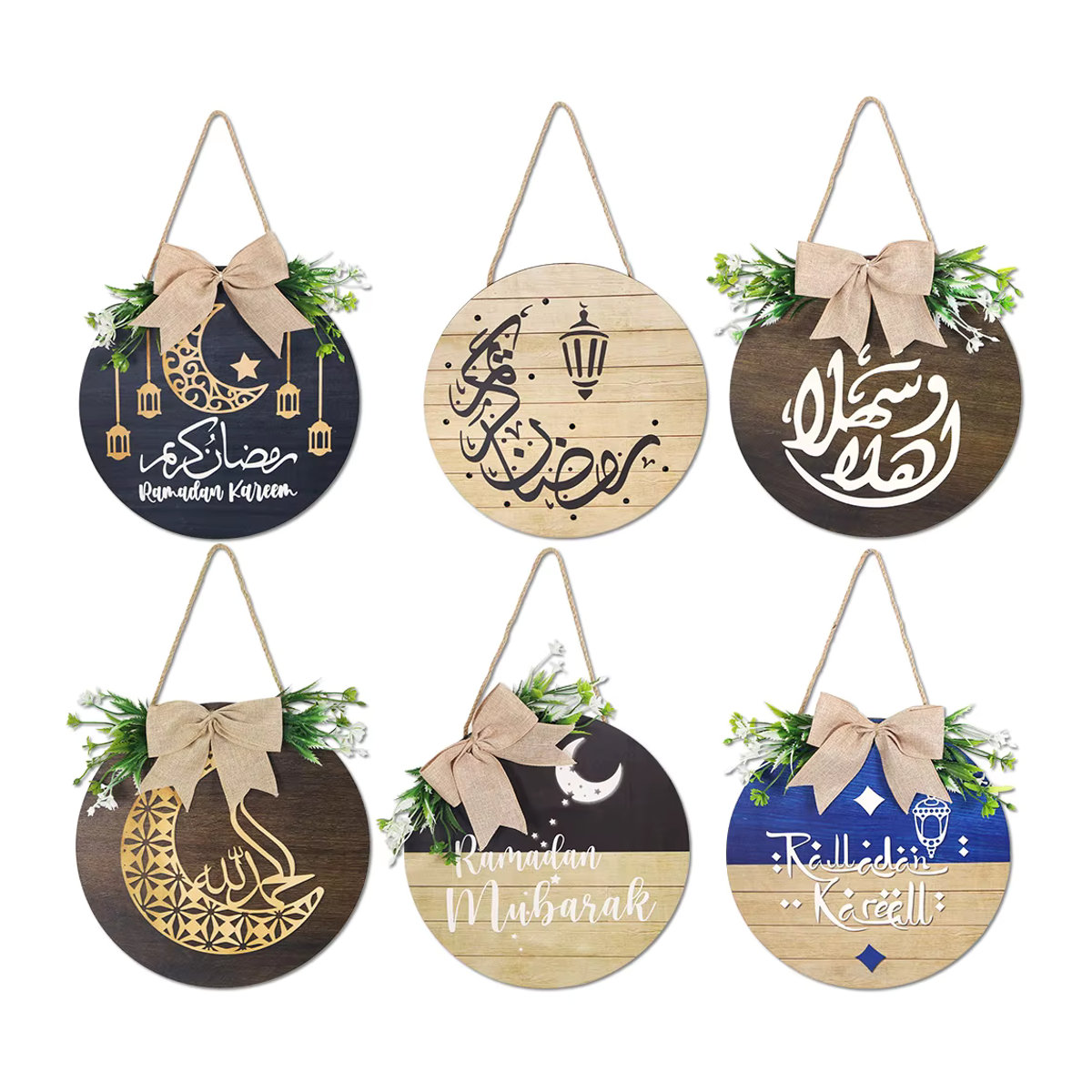 Cyuan Ramadan Kranz Dekoration aus Holz in Schwarz mit Mond-Motiv für Eid Mubarak und Ramadan Kareem, runder hängender Türschmuck im orientalischen Design - Bild 4