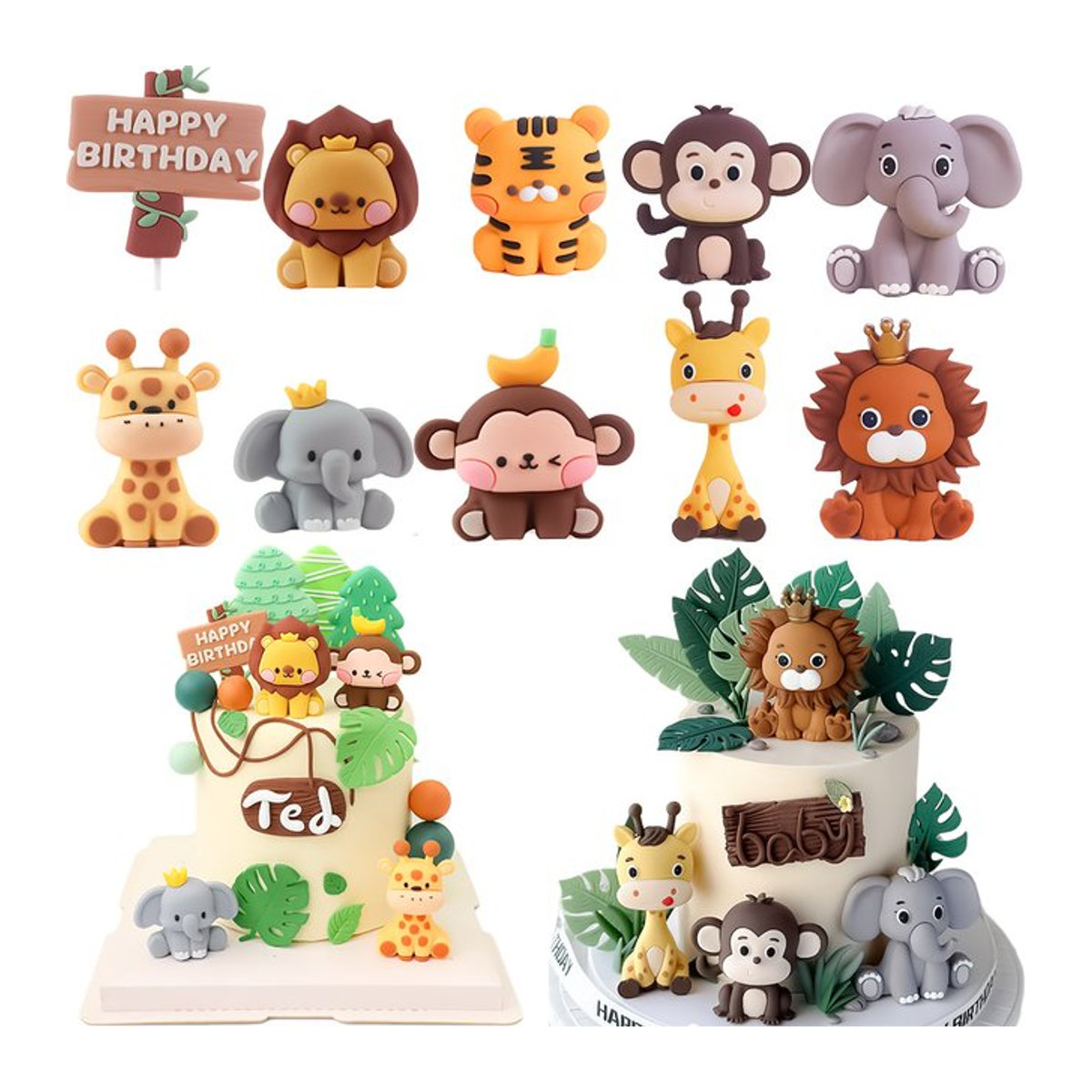 Cyuan Safari Tier Kuchen Topper mit Elefant, Giraffe, Löwe und Affe in Mehrfarbig für Dschungel Geburtstag und Baby Shower Dekoration aus Kunststoff - Bild 1