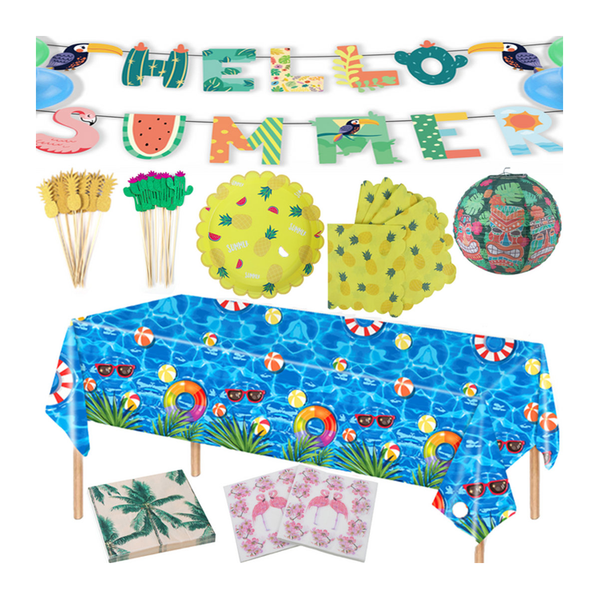 Cyuan Sommer-Pool-Party Dekoration Set für Kindergeburtstage, mehrfarbig, mit Banner, Tischdecke, Tellern, Servietten und Laternen - Bild 1