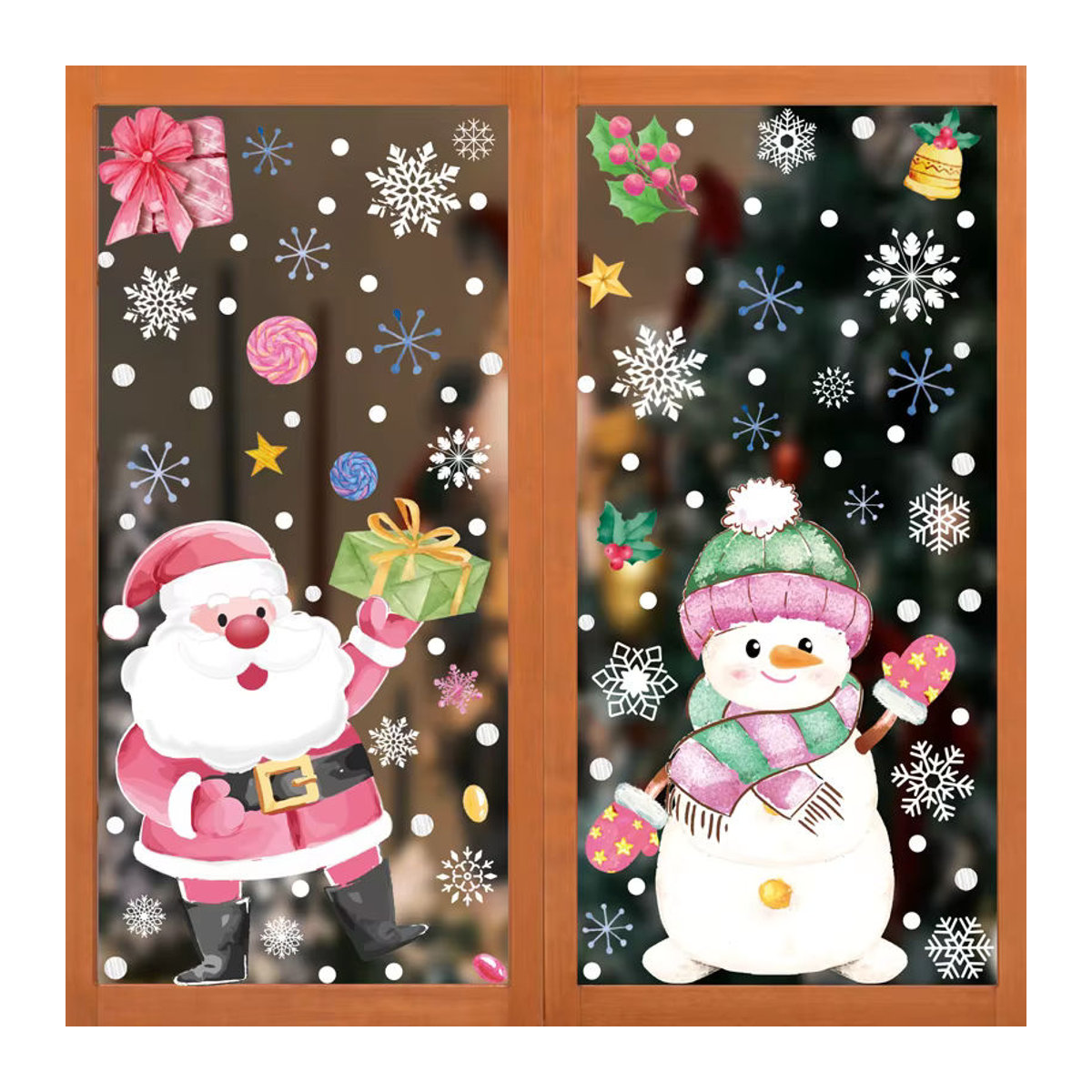 Cyuan Weihnachts Fensteraufkleber mit Weihnachtsmann, Rentier und Schneeflocken, mehrfarbig, unregelmäßige Form - Bild 4