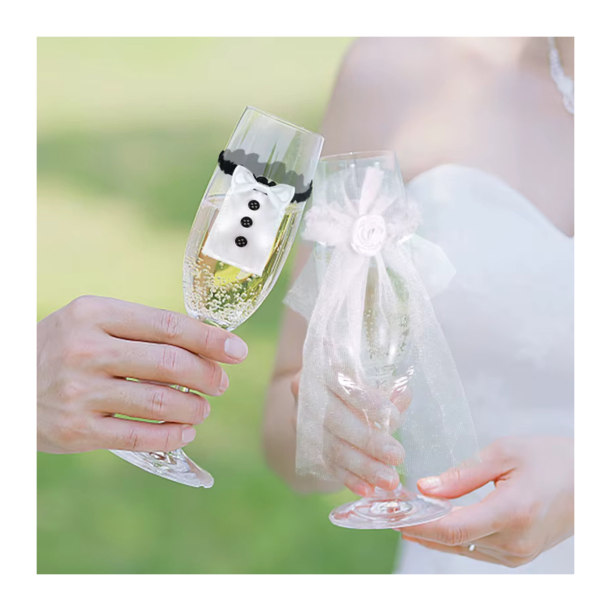 CYZIWEIN 2er Set Braut und Bräutigam Weinbecher Wraps und Champagner Glasflaschen Abdeckungen in Weiß für die Hochzeitsdekoration - Bild 2