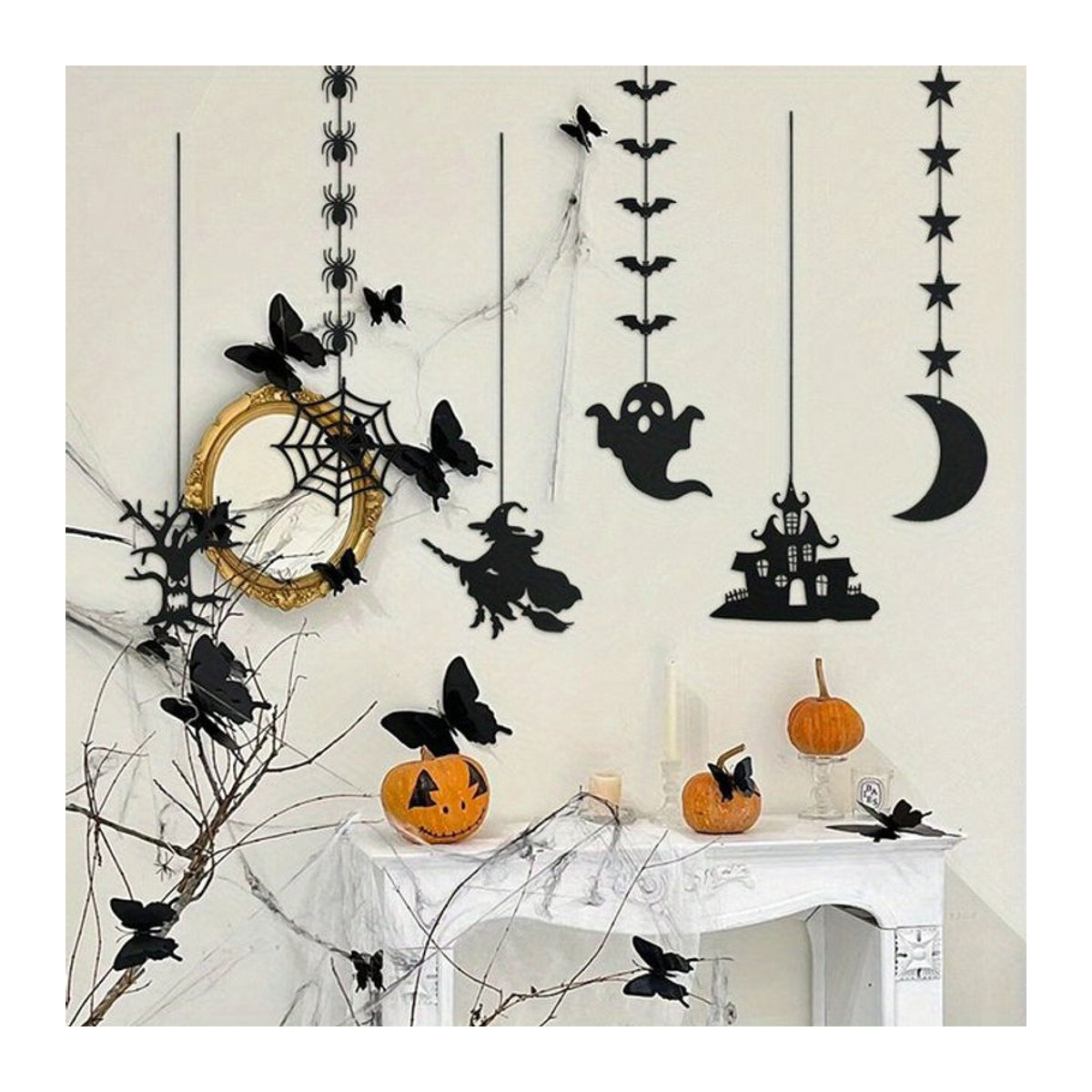 CYZIWEIN Halloween Dekoration Banner mit Spinne, Geist und Fledermaus in Schwarz als hängende Girlande - Bild 1
