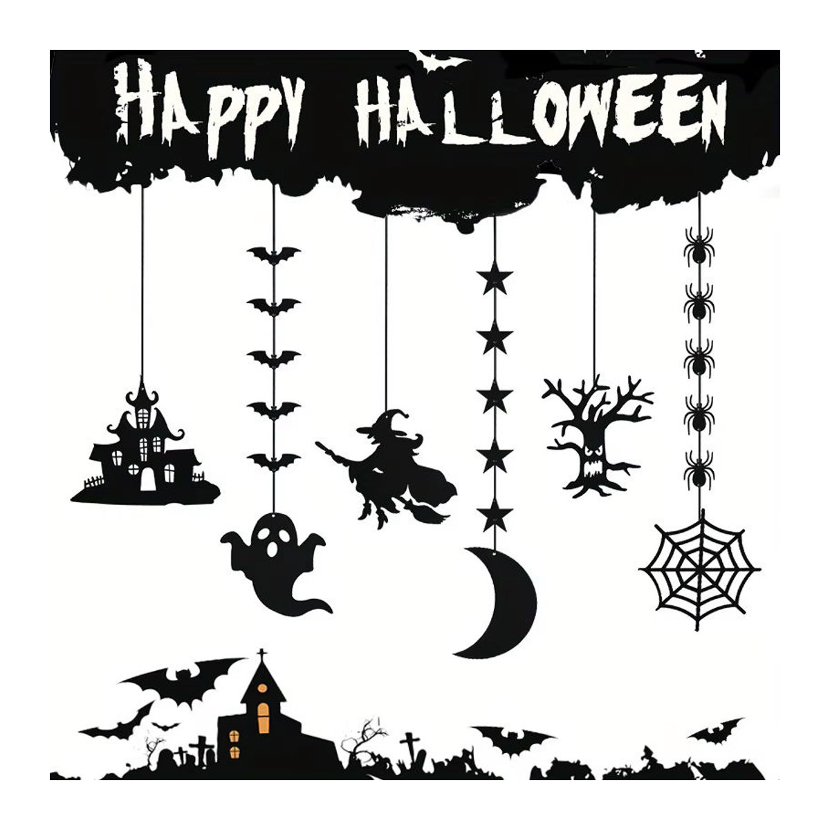 CYZIWEIN Halloween Dekoration Banner mit Spinne, Geist und Fledermaus in Schwarz als hängende Girlande - Bild 2