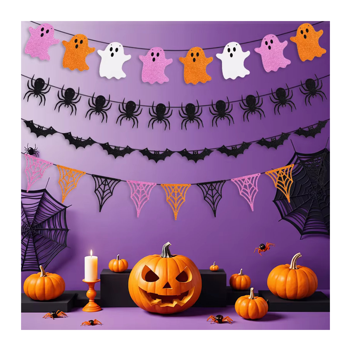 CYZIWEIN Halloween Papier Banner mit Kürbis, Spinne, Fledermaus und Schädel in Mehrfarbig, 3m hängende Dekoration - Bild 4