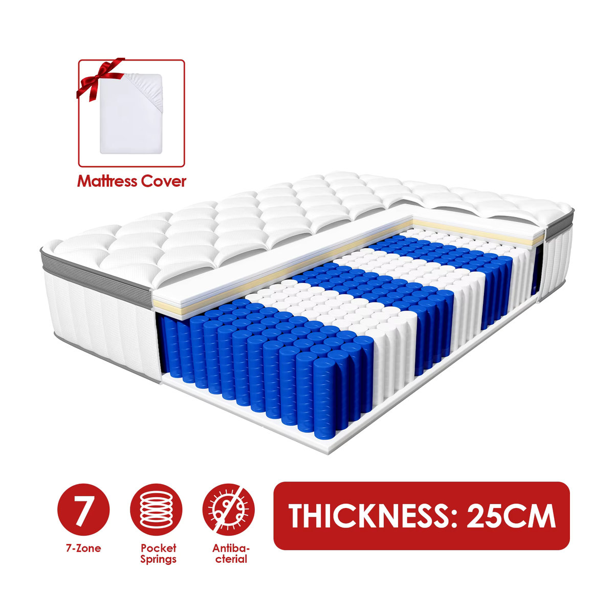 Daccormax Taschenfederkern-Matratze mit 7-Zonen-ergonomischer Unterstützung, Weiß, Höhe: 25 cm, B/T: 90 x 190 cm - Bild 7