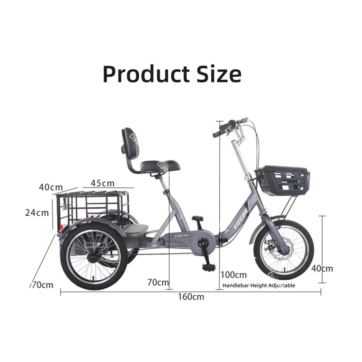 Daibot Elektro-Dreirad für Erwachsene, zusammenklappbares 3-Rad-Lastenfahrrad mit Hinterkorb und 400 W Motor - Bild 3