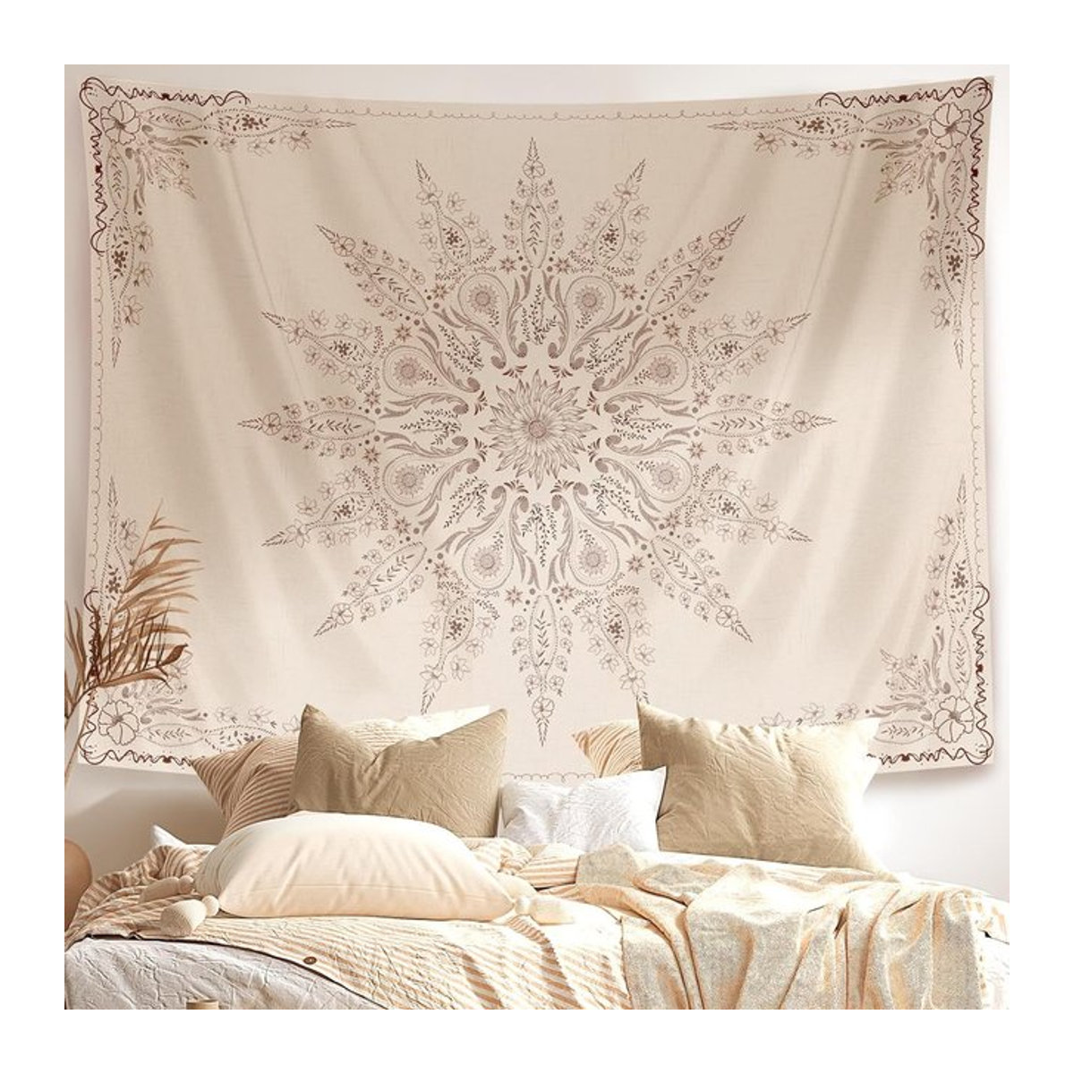 Damans Blumen Wandteppich in Beige mit Mandala- und Boho-Design, rechteckiger Wandbehang für Wohnzimmer und Schlafzimmer, B/H: 100 x 70 cm - Bild 1