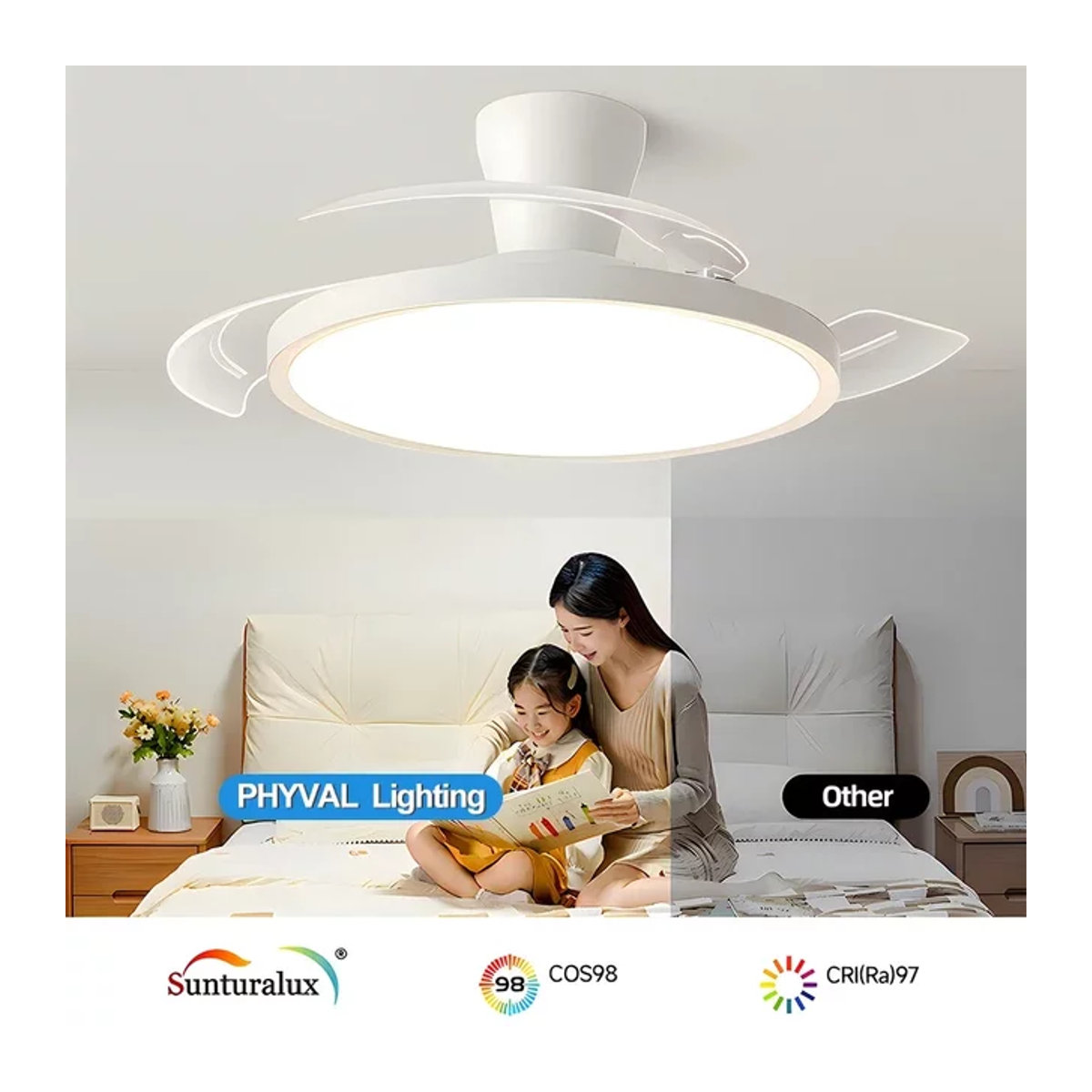 DARHYN LED Deckenventilator mit Licht in Weiß, dimmbar, minimalistisches Design aus Acryl für Wohnzimmer, Esszimmer, Arbeitszimmer und Küche - Bild 1