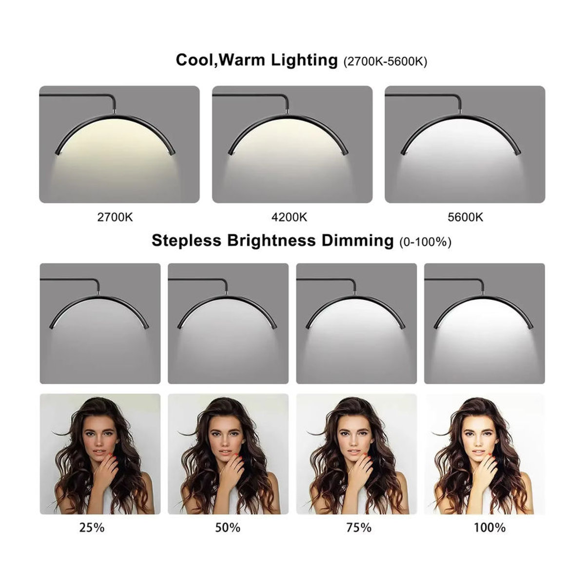 DARHYN LED Halbmond Standleuchte Schwarz, 40W dimmbar, moderne Bodenleuchte für Beauty Salon und Make-up, Höhe: 130-181 cm - Bild 2