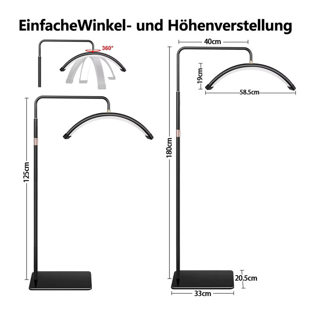 DARHYN LED Halbmond Standleuchte Schwarz, 40W dimmbar, moderne Bodenleuchte für Beauty Salon und Make-up, Höhe: 130-181 cm - Bild 3