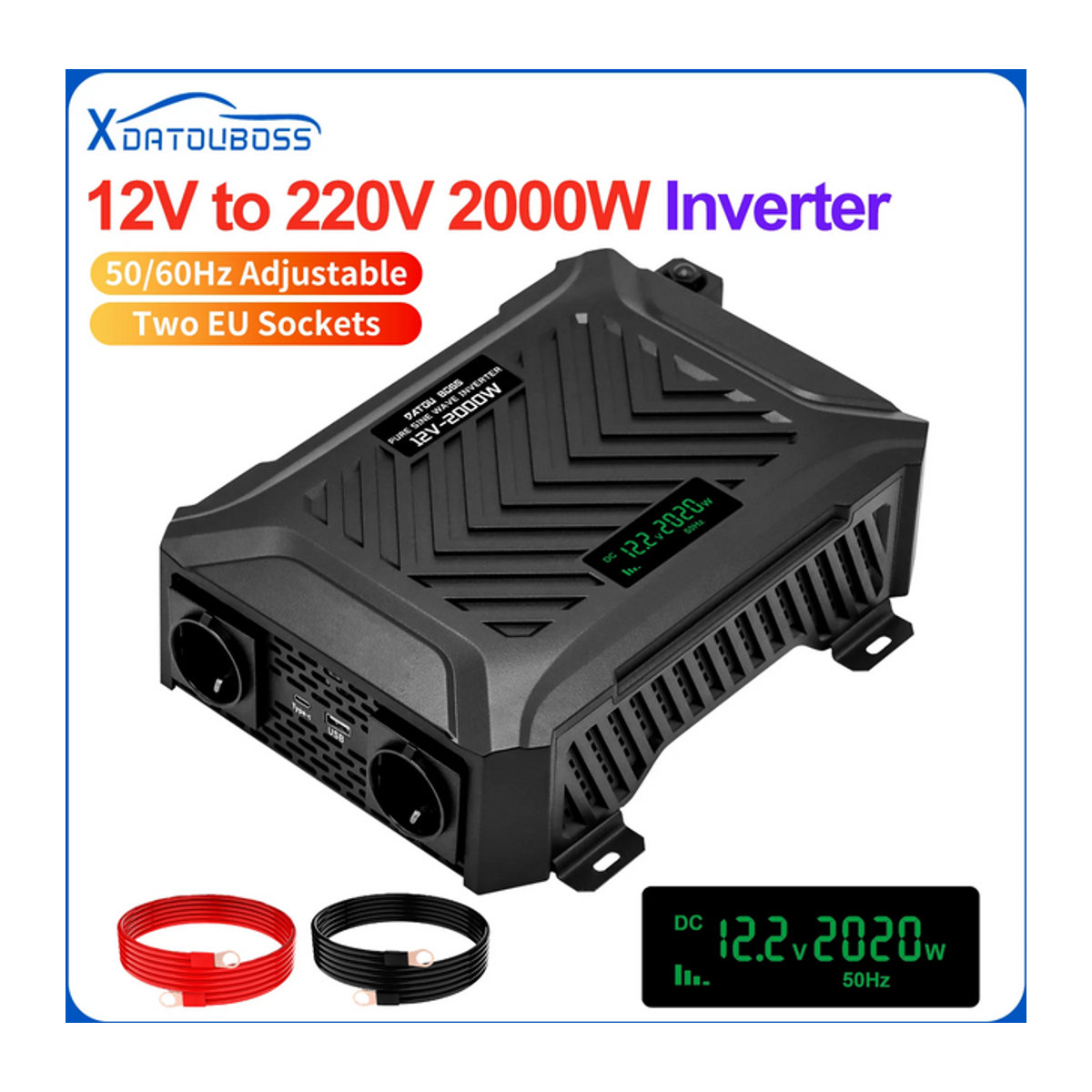 DATOU BOSS Wechselrichter Schwarz 2000W mit 4000W Spitzenleistung DC 12V zu 220V AC, LCD-Display, USB-Anschlüsse und zwei Steckdosen - Bild 1