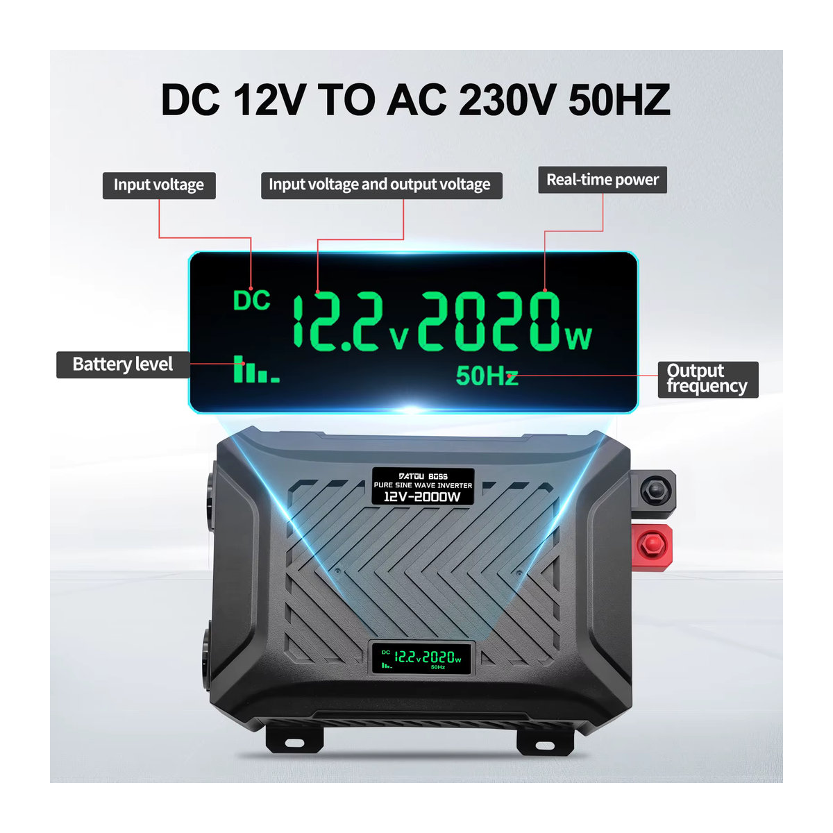 DATOU BOSS Wechselrichter Schwarz 2000W mit 4000W Spitzenleistung DC 12V zu 220V AC, LCD-Display, USB-Anschlüsse und zwei Steckdosen - Bild 2