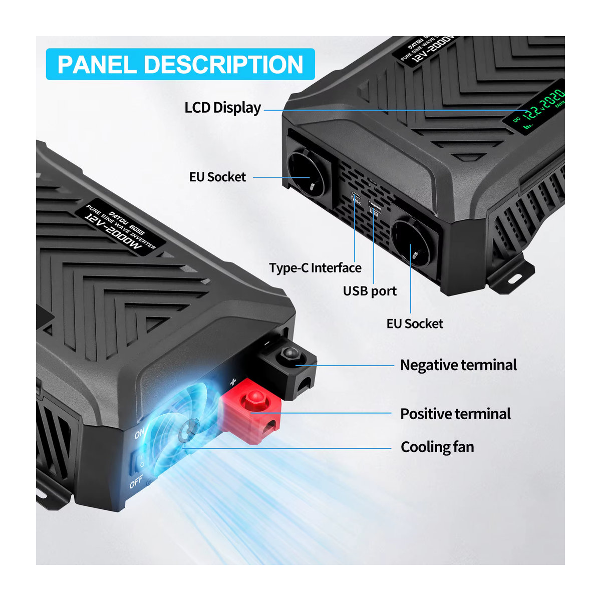 DATOU BOSS Wechselrichter Schwarz 2000W mit 4000W Spitzenleistung DC 12V zu 220V AC, LCD-Display, USB-Anschlüsse und zwei Steckdosen - Bild 3
