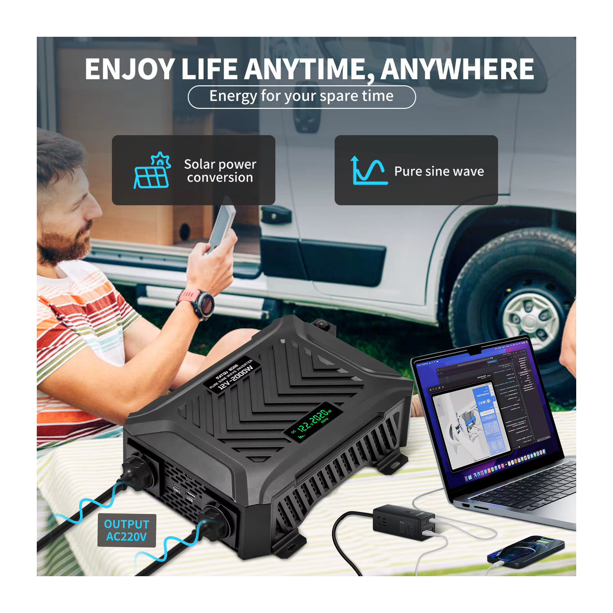 DATOU BOSS Wechselrichter Schwarz 2000W mit 4000W Spitzenleistung DC 12V zu 220V AC, LCD-Display, USB-Anschlüsse und zwei Steckdosen - Bild 6