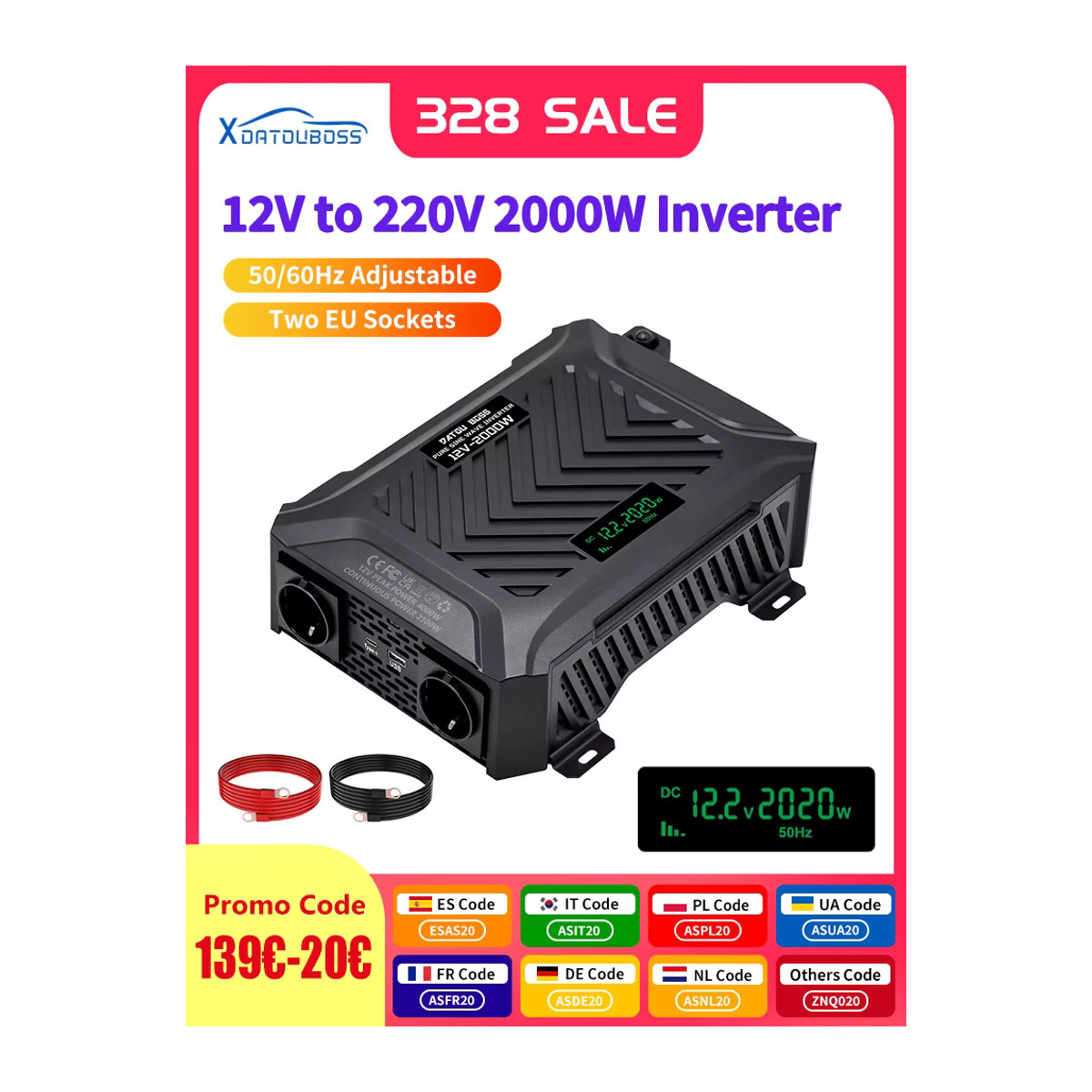 DATOU BOSS Wechselrichter Schwarz 2000W mit 4000W Spitzenleistung DC 12V zu 220V AC, LCD-Display, USB-Anschlüsse und zwei Steckdosen - Bild 7