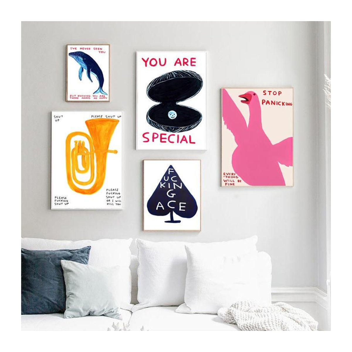 David Shrigley Wandkunst Motiv Tiger Pinguin Wal Muschel Katze als Nordic Poster Druck auf Leinwand in Weiß, B: 50 cm, H: 70 cm, rahmenlos - Bild 2